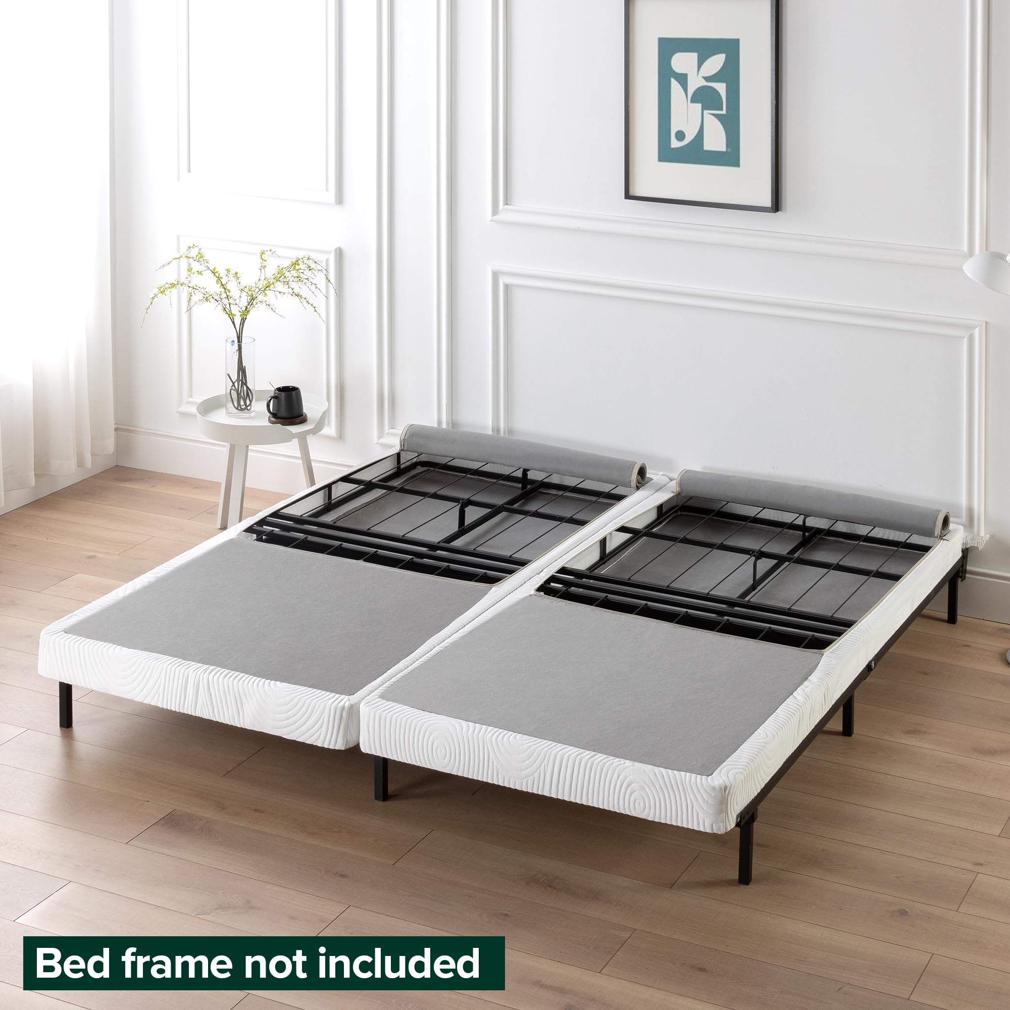 ZINUS 4 Inch Box Spring with Cover - No Assembly Mattress Foundation with Sturdy Metal Structure - Split Cal King Size in White | Perfect for Bedroom, Guest Room & Dormitory Use