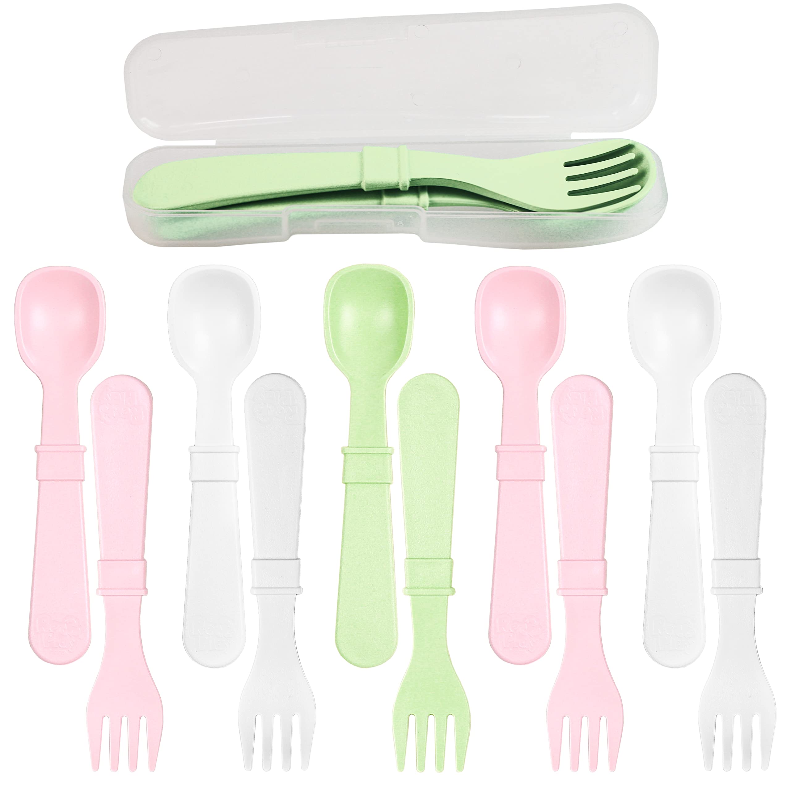 BPA-Free Eco-Friendly Toddler Spoon and Fork Set (12-Pack) - Made from Recycled Milk Jugs in USA - Dishwasher & Microwave Safe - Blossom Design with Carrying Case - Perfect for Daycare, Travel & Home Use