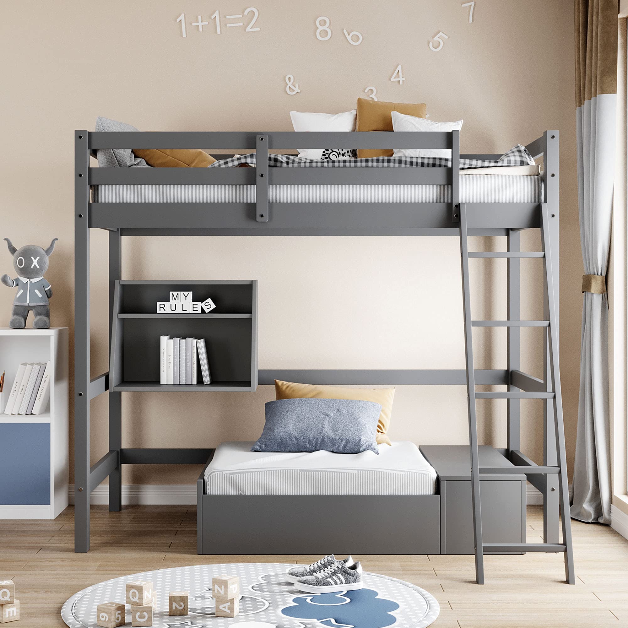 Twin Size Loft Bed with Convertible Lower Bed - Wooden L-Shaped Bunk Bed Frame with Storage Drawer & Shelf - Separates into Loft Bed or Platform Bed (Grey & Wood Finish) - Perfect for Kids' Rooms, Small Apartments & Space-Saving Bedroom Solutions