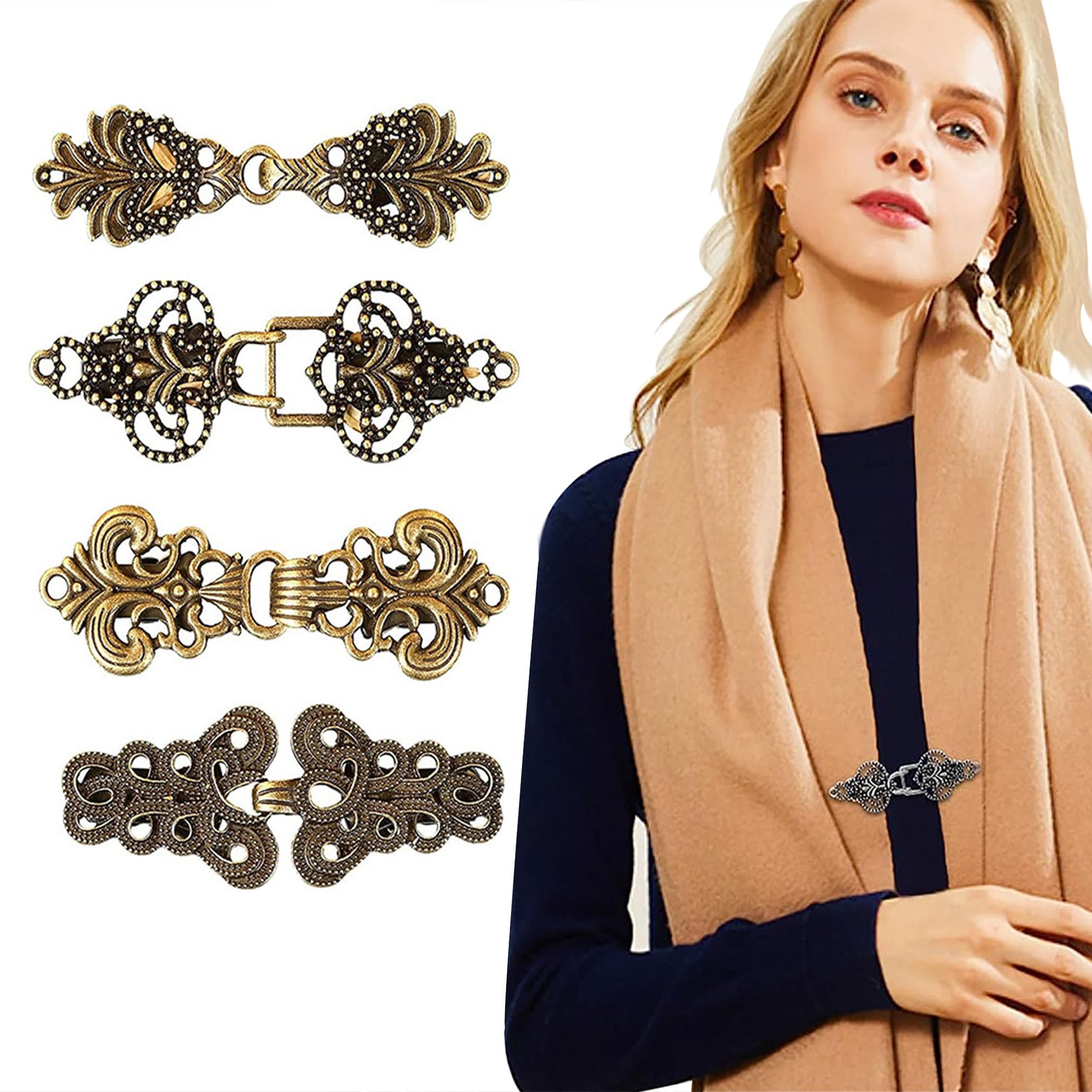 Vintage Shawl Clips 4 Pack - Metal Cape & Cardigan Pins for Women - Perfect for Dresses & Scarves