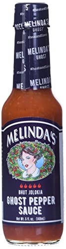 Melinda's Ghost Pepper Hot Sauce - Extra Spicy Gourmet Hot Sauce with Fresh Ghost Peppers (Bhut Jolokia), Habanero, Carrot, Garlic & Lime Juice - 5oz Bottle - Perfect for Wings, Tacos, Burgers & Spicy Food Lovers
