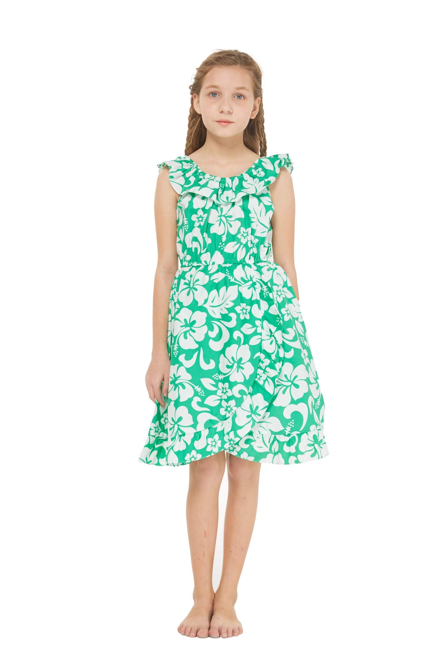 Hawaiian Luau Wrap Ruffle Dress for Girls - Classic Red Hibiscus Print - Perfect for Beach Parties, Summer Vacations & Tropical Themed Events