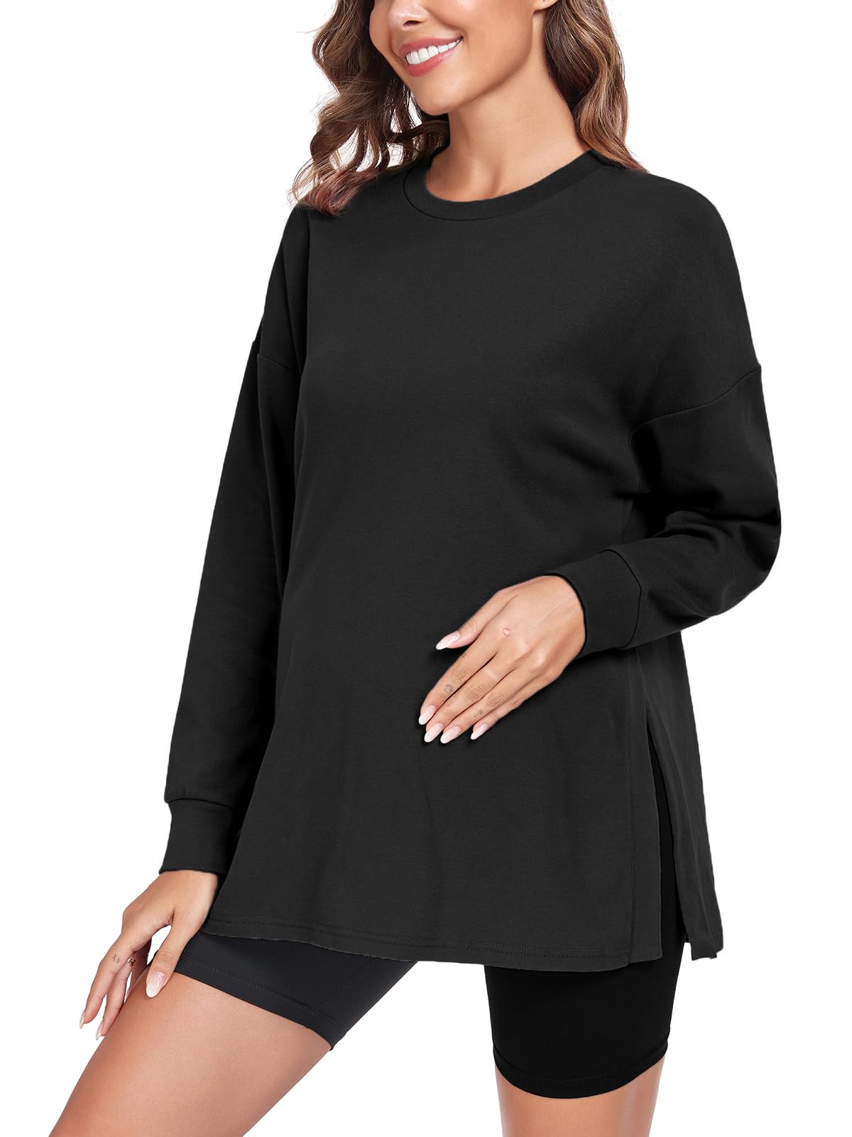 Ecavus Women's Soft Maternity Long Sleeve Shirt - Comfortable Pregnancy Tee with Side Split Design for Everyday Wear | Perfect for Work, Shopping & Relaxing
