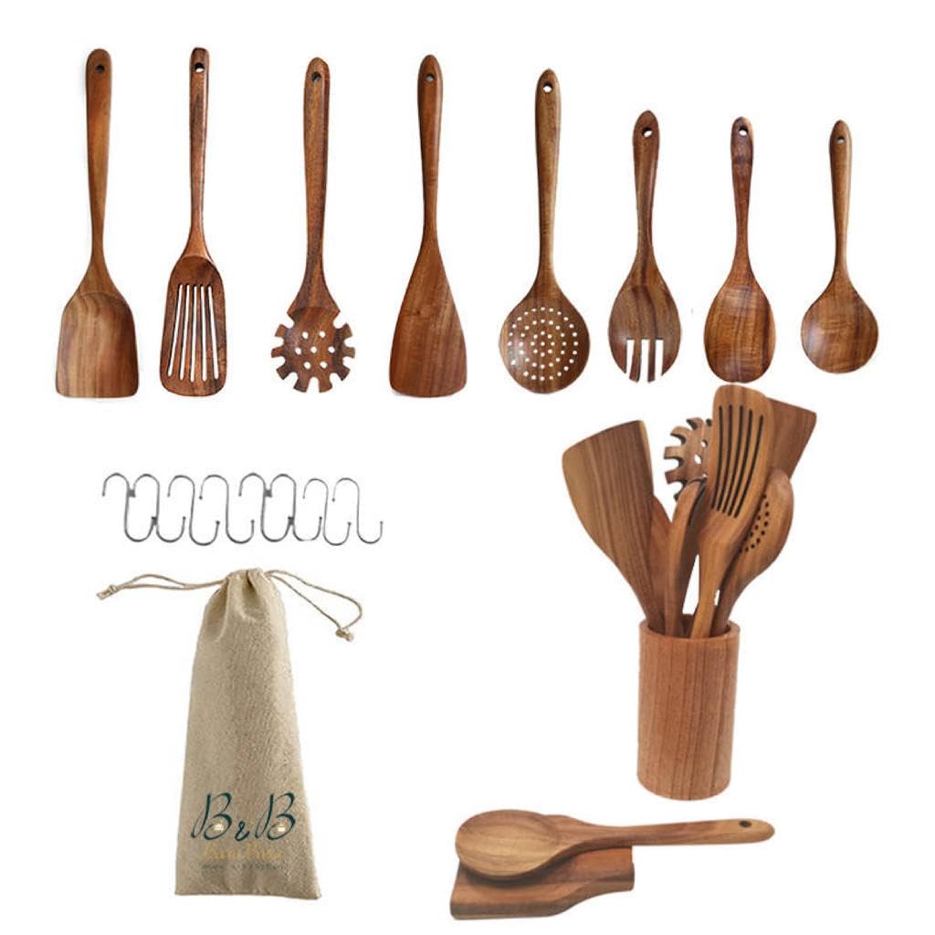 Premium Teak Wood Kitchen Utensil Set with Wooden Holder, Spoon Rest & Hooks - 100% Natural Eco-Friendly Cooking Tools for Baking, Stirring & Serving - Perfect for Home Chefs & Modern Kitchens