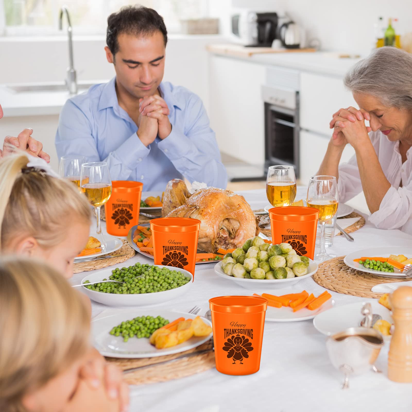 Happy Thanksgiving Plastic Party Cups - 12 oz Reusable Orange & Black Turkey Design Tumblers (48-Pack) - Perfect for Thanksgiving Dinner, Friendsgiving, and Holiday Party Supplies