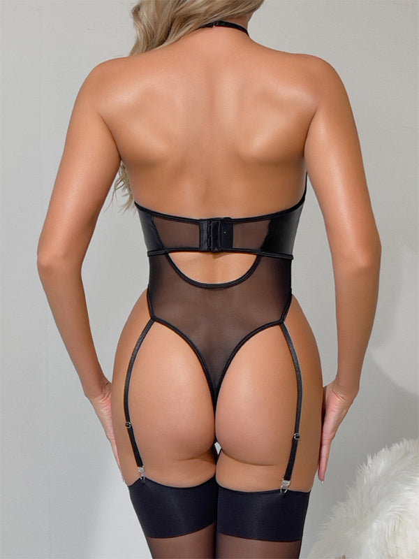 ZASUWA Women's Sexy Sheer Mesh PU Cutout Bodysuit - Lingerie for Date Night, Boudoir Photography & Sensual Wear