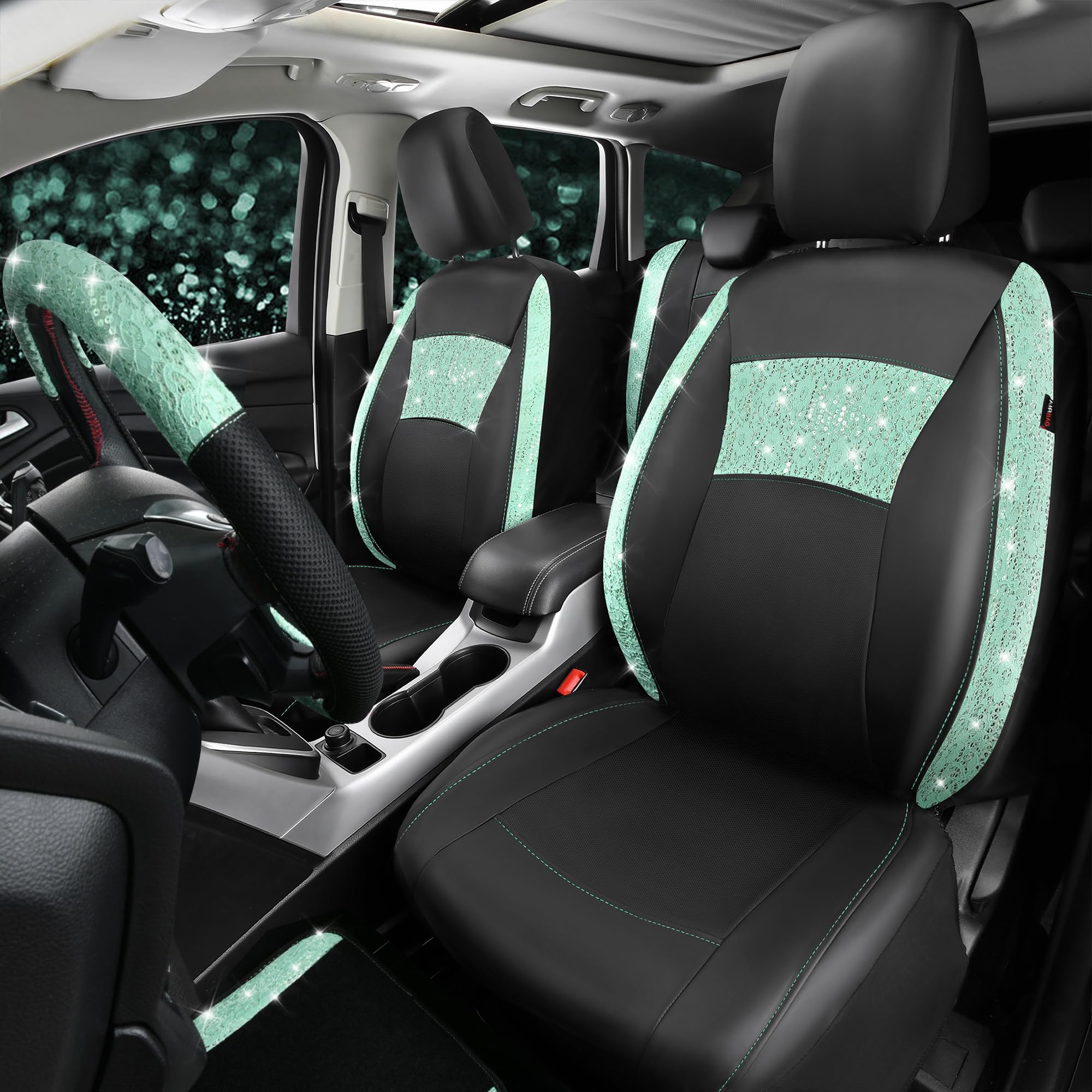 Universal Mint Leather Lace Car Seat Covers Full Set with Waterproof Floor Mats & Glitter Steering Wheel Cover - 10PC Car Interior Accessories for Women | Perfect for Daily Commute, Road Trips & Car Decor