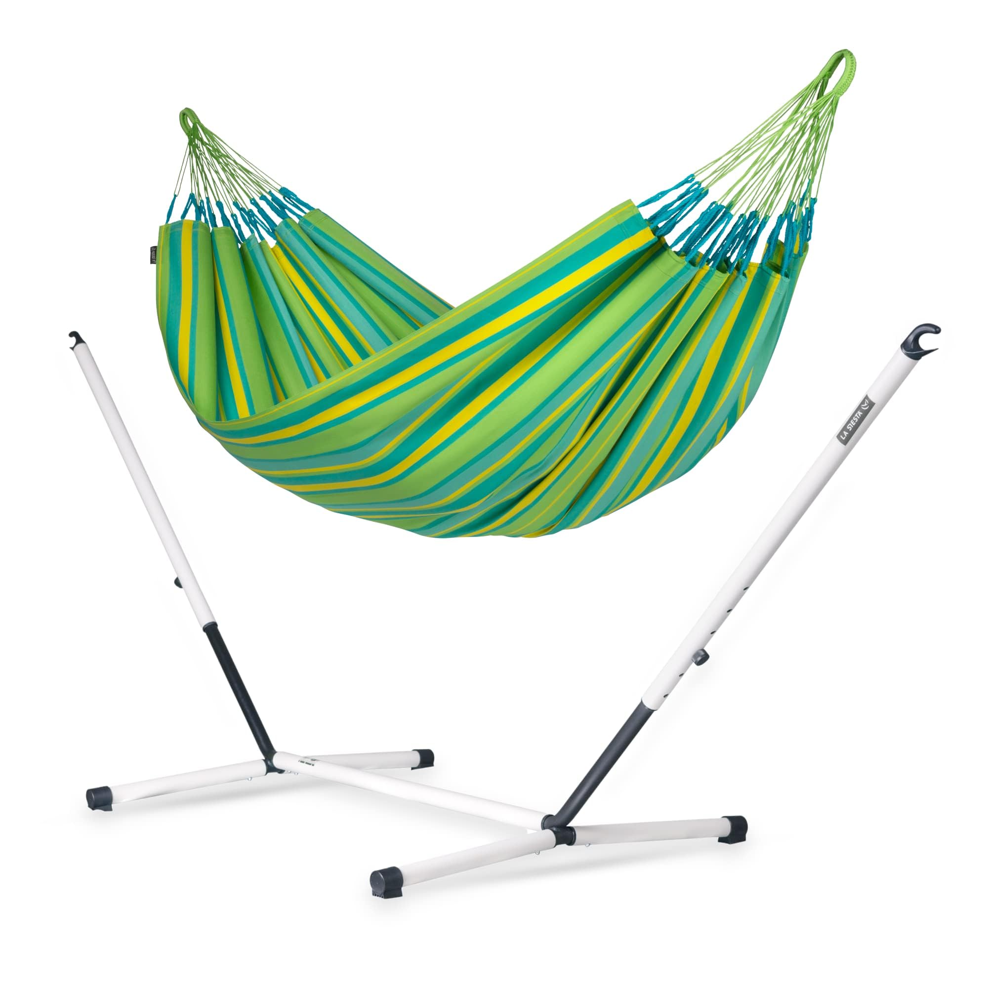 LA SIESTA® Large Double Brisa Classic Hammock with Nautico Steel Stand - Weatherproof & Tear-Resistant Portable Hammock for 2 People (355 lbs Capacity) - Perfect for Balcony, Porch, Garden, Outdoor & Indoor Relaxation - Lime Green Color