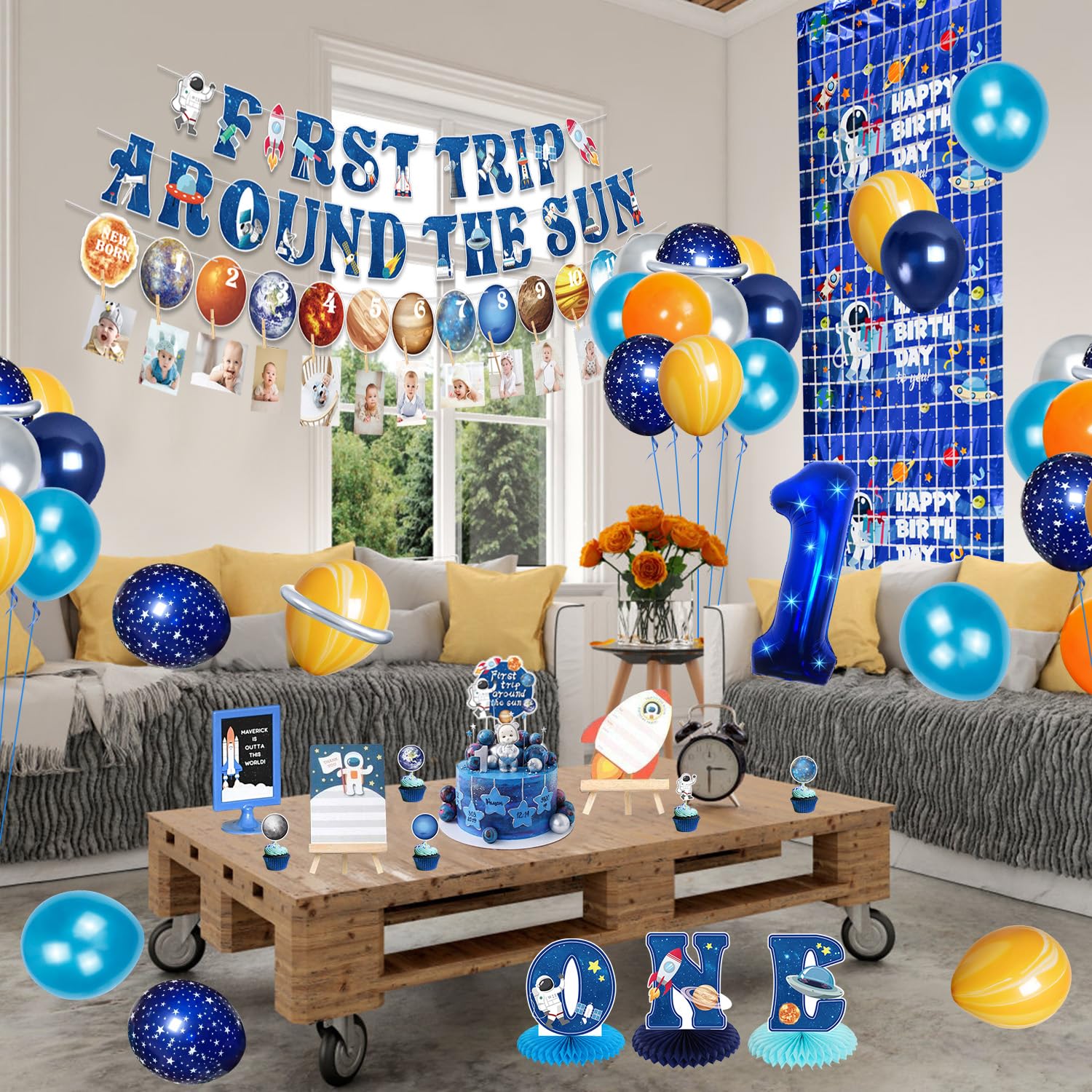 Outer Space 1st Birthday Party Decorations Set - First Trip Around The Sun Banner, Planet Monthly Photo Banner, Honeycomb Centerpiece, Cake Toppers & Balloons - Perfect for Kids' Space-Themed Birthday Party Decor & Photo Backdrop