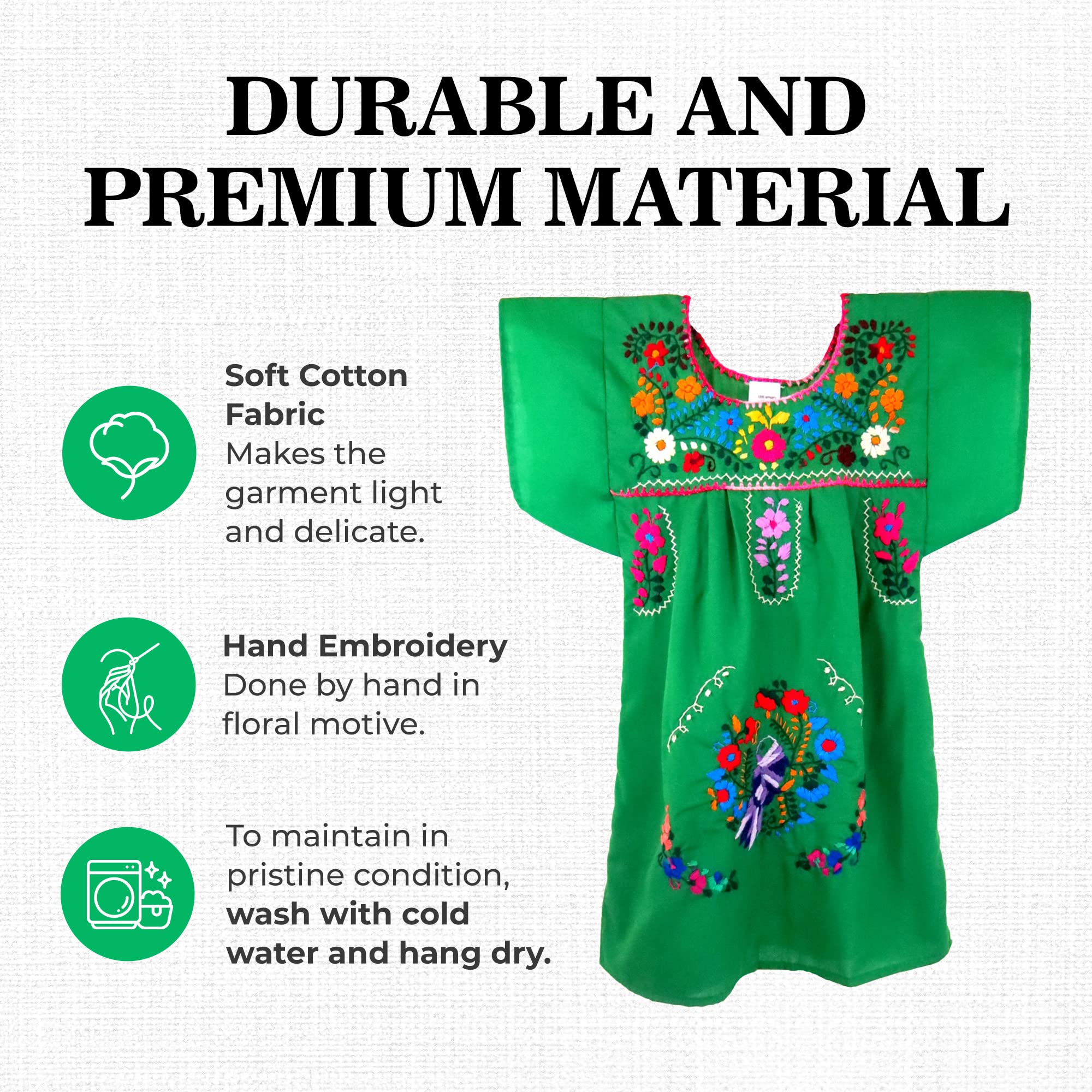 Handmade Embroidered Puebla Mexican Dress for Girls - Traditional Cotton Floral Dress - Perfect for Cinco de Mayo, Fiesta, Quinceañera & Cultural Celebrations
