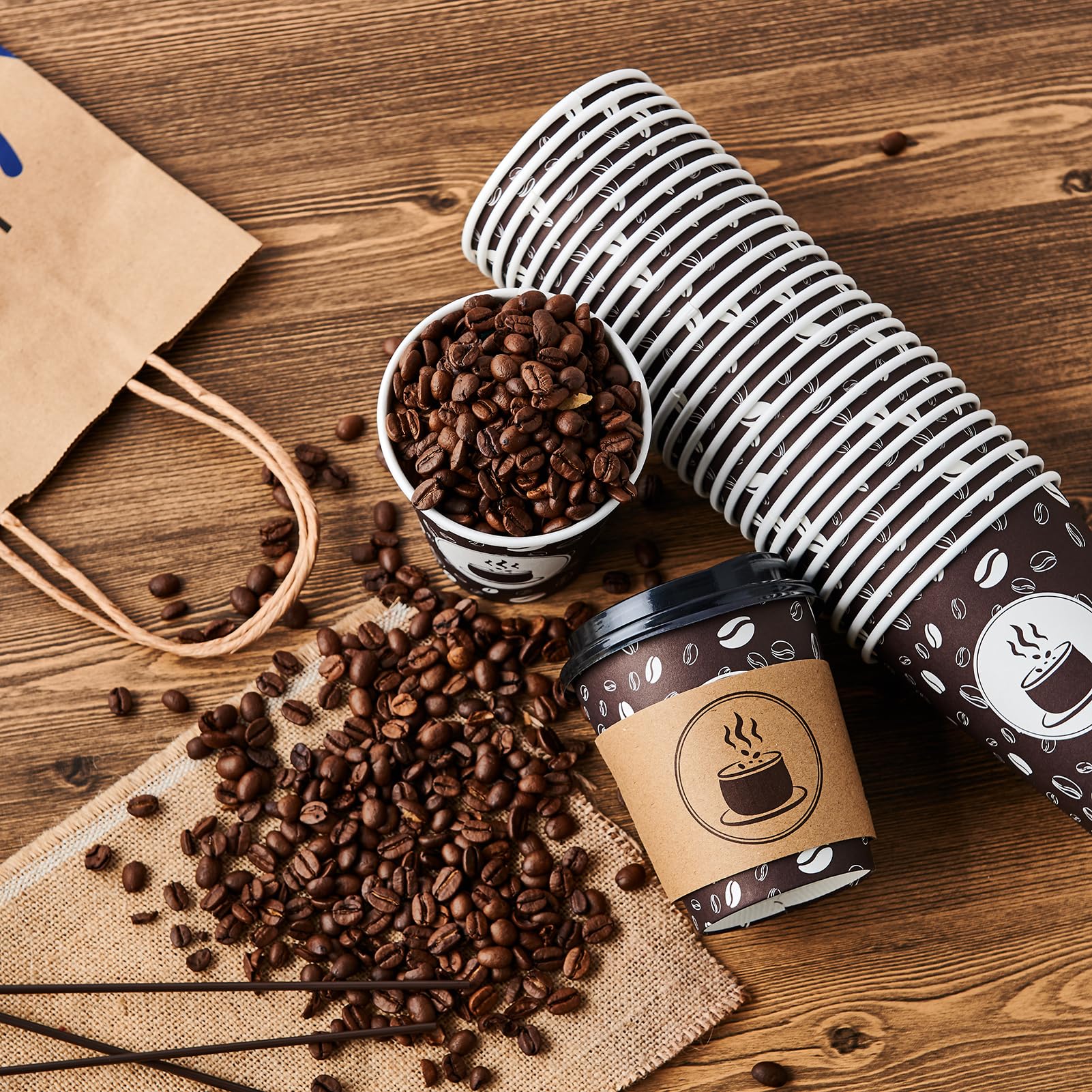 JOLLY PARTY 10oz (100 Pack) Disposable Coffee Cups with Lids, Sleeves & Straws - BPA Free Paper Coffee Cups for Hot Drinks - Ideal for Coffee Shops, Cafes, Concession Stands, Office Break Rooms & Home Use (Dark Brown)