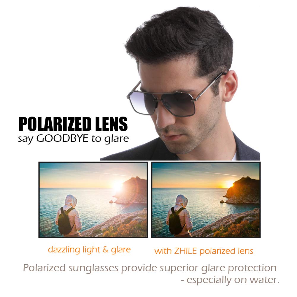 Polarized Aviator Sunglasses for Men - Oversized Square Metal Frame - Gradient UV400 Protection Lenses - Perfect for Driving, Fishing & Outdoor Activities