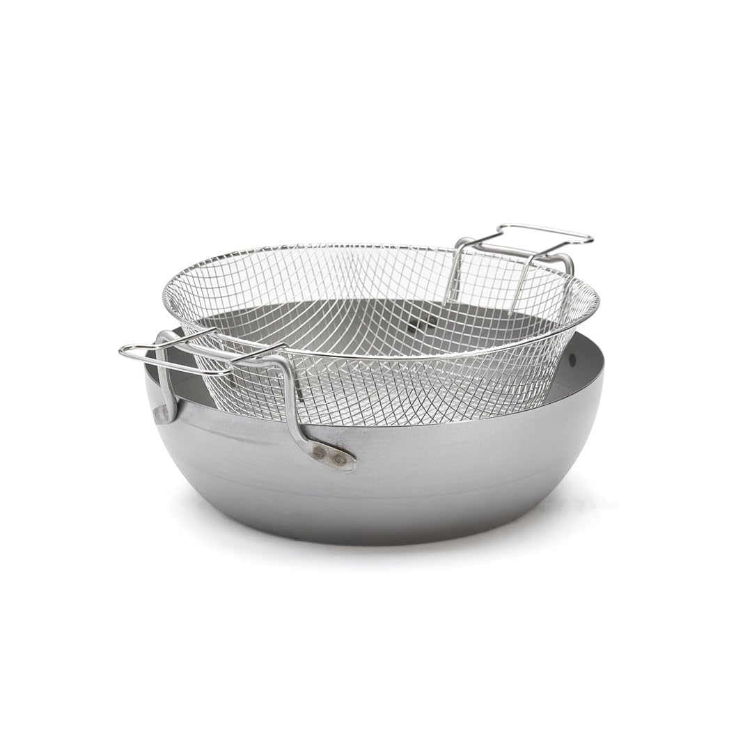 De Buyer 5050.36 Professional 36cm Carbon Steel Deep Fryer Pan - Lyonnaise Style Round White Iron Skillet for Perfect French Fries, Fried Chicken & Donuts | Restaurant Quality Home Cooking & Professional Kitchen Use