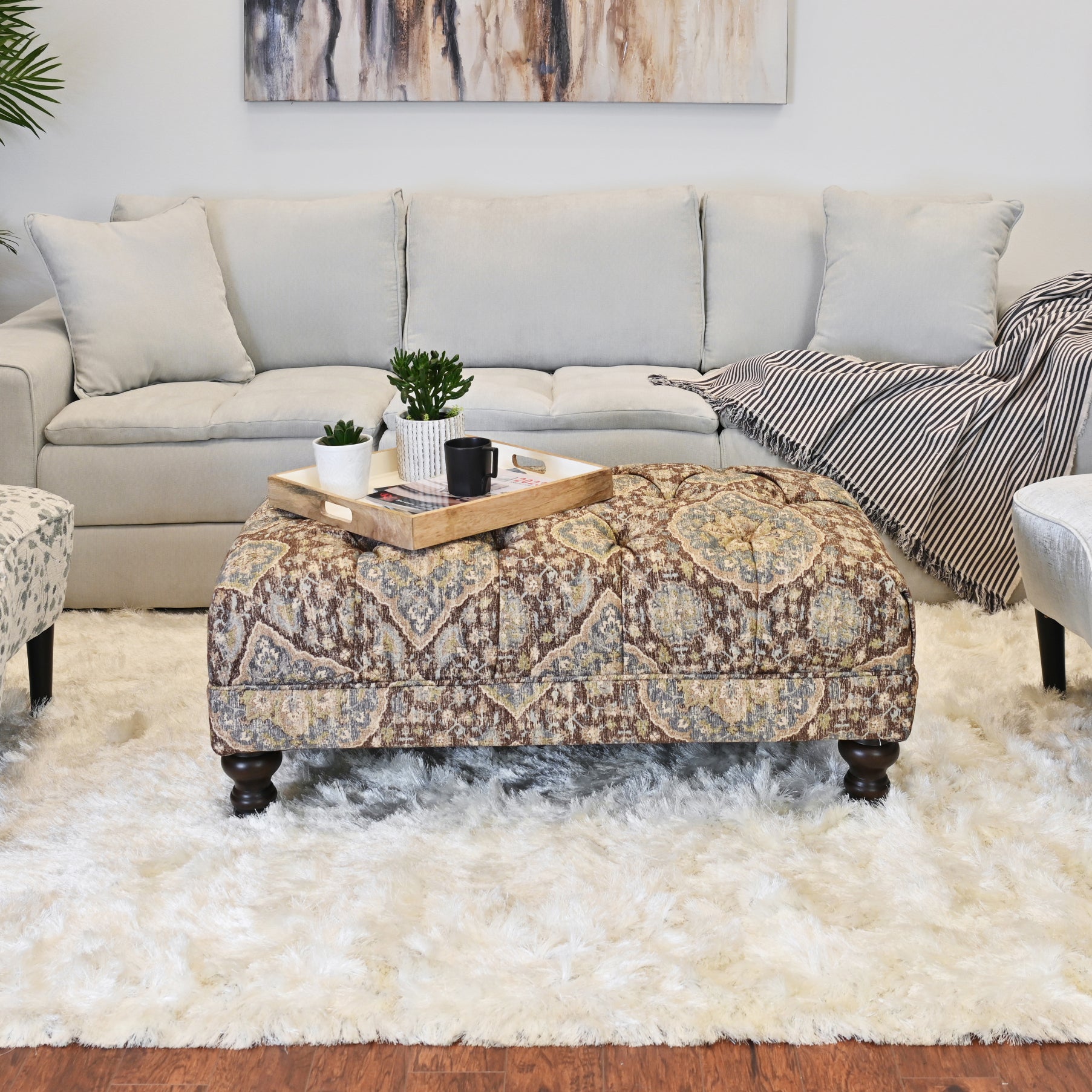 Roundhill Furniture Charbilia Fabric Tufted Cocktail Ottoman in Tapestry Ocean Cliff - Stylish Living Room Footrest & Coffee Table Alternative for Home Decor