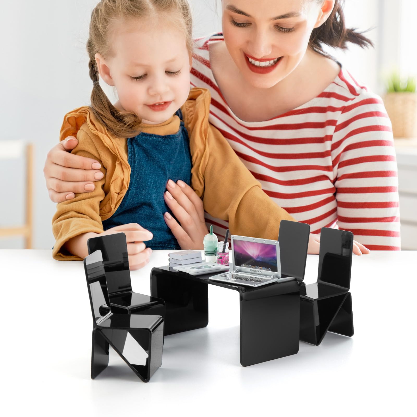 16Pcs Miniature Laptop Computer Tablet Toy Phone Pad with Coffee Juice Doll Accessories - 1/6 & 1/12 Scale Mini Chairs, Table, Glasses & Headset Playset for Girls - Perfect for Dollhouse Scenes & Smart Toy Simulation