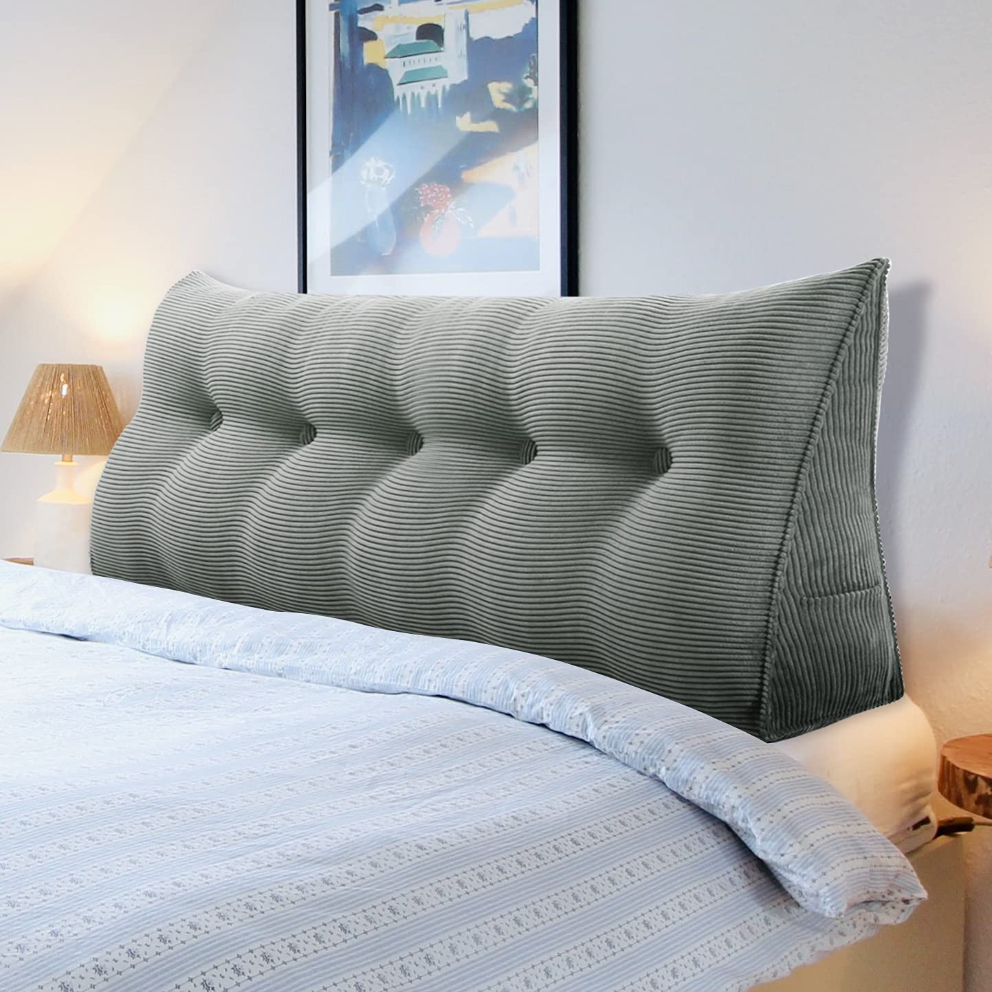 Ergonomic Reading Pillow with Back Support - Corduroy Bed Wedge for Sitting Up in Bed, Daybed Bolster & Body Positioning Cushion - Light Grey Twin Size | Perfect for Reading, Watching TV, and Relaxing in Bed