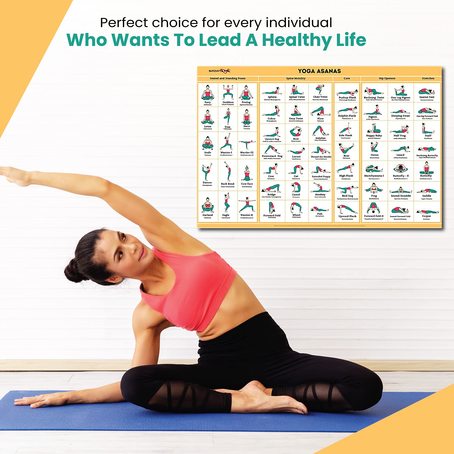 SPORTAXIS Yoga Poster - 64 Asanas for Home Workout & Fitness