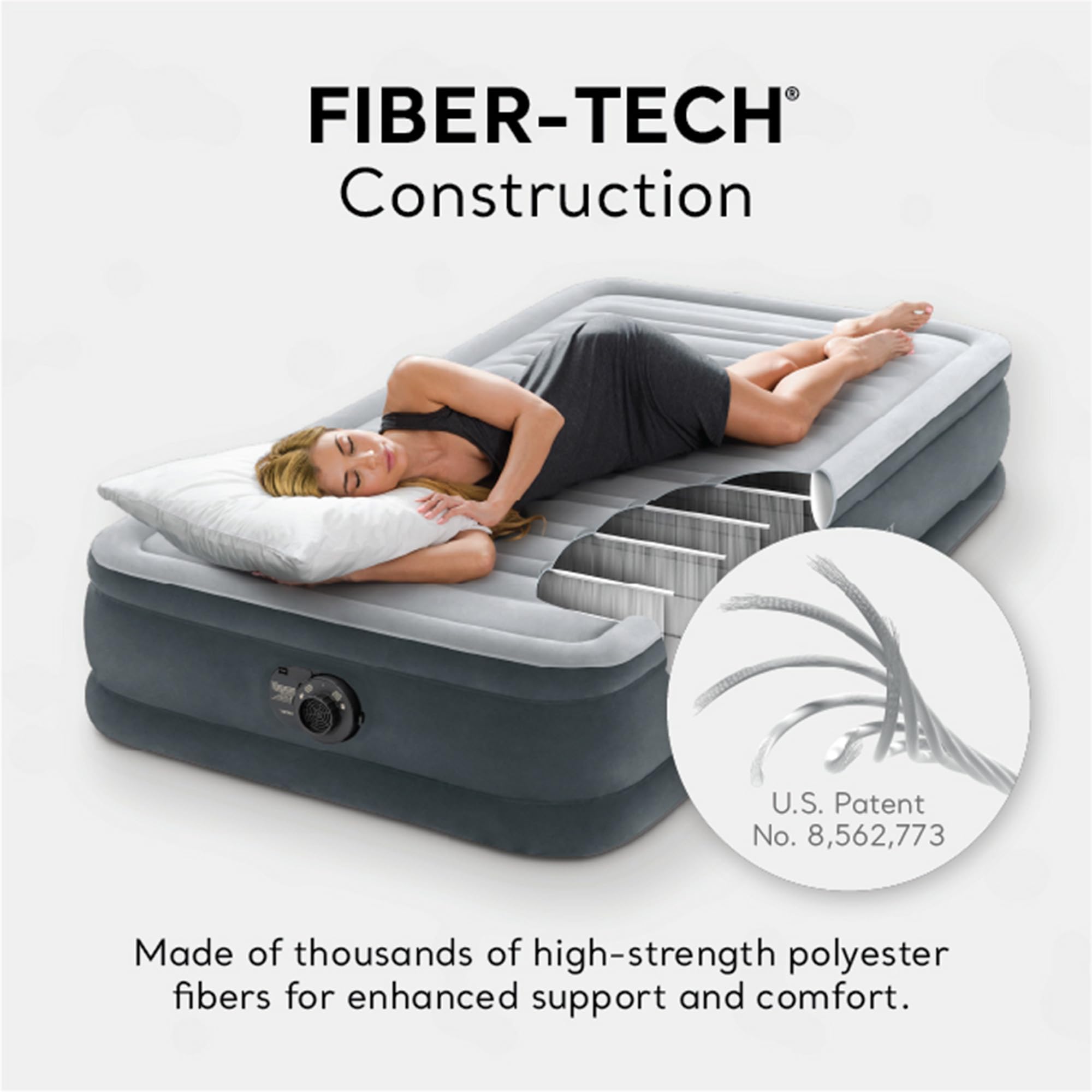 Intex Twin Size Air Mattress with Built-in Pump - Deluxe Comfort Plush Dura-Beam Fiber-Tech Construction - Portable & Compact for Camping, Guest Bed, Travel - Includes Storage Bag (2 Pack, Gray)