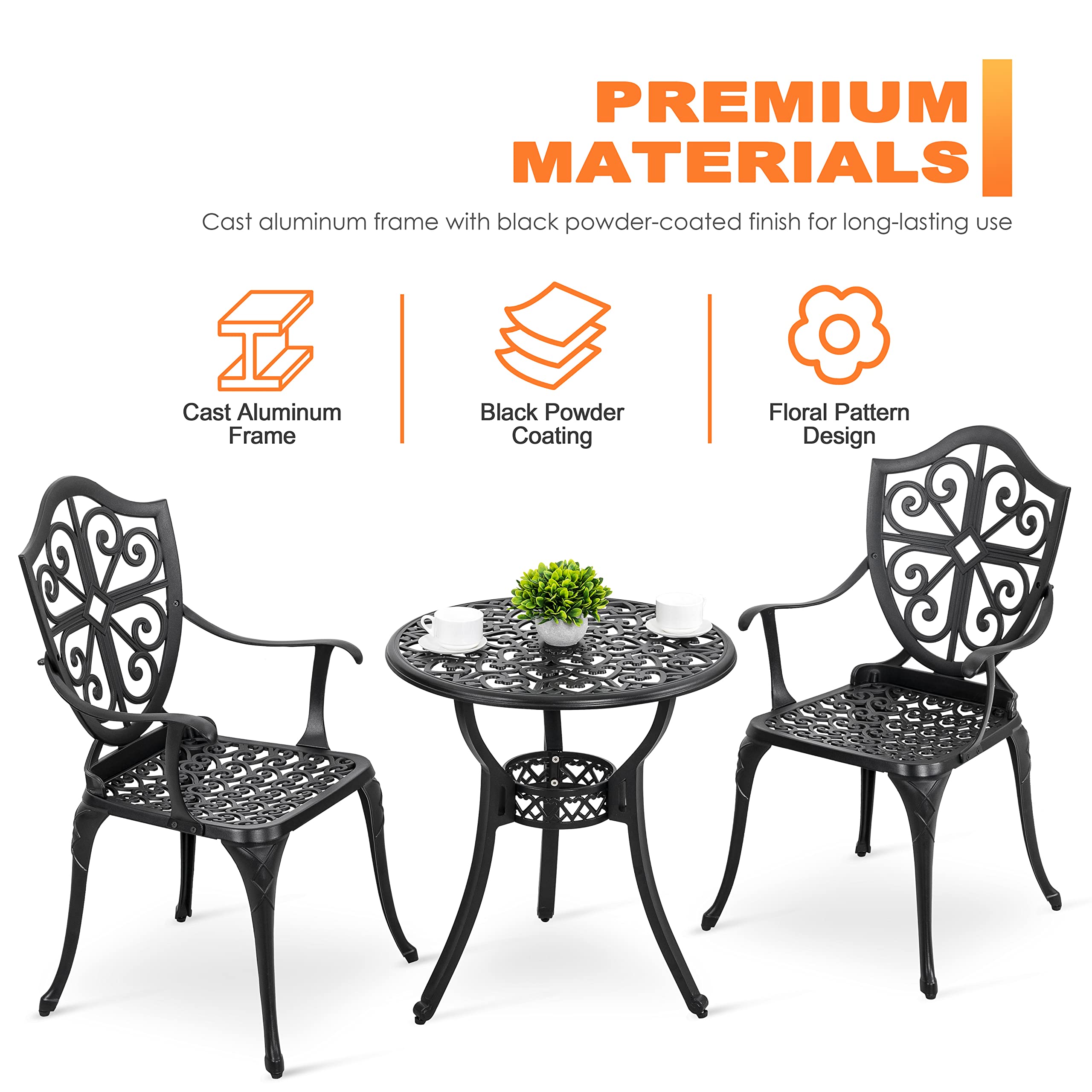 Nuu Garden 3-Piece Outdoor Bistro Set - Cast Aluminum Patio Table & 2 Chairs with Umbrella Hole - Perfect for Backyard, Garden, and Small Balcony Dining
