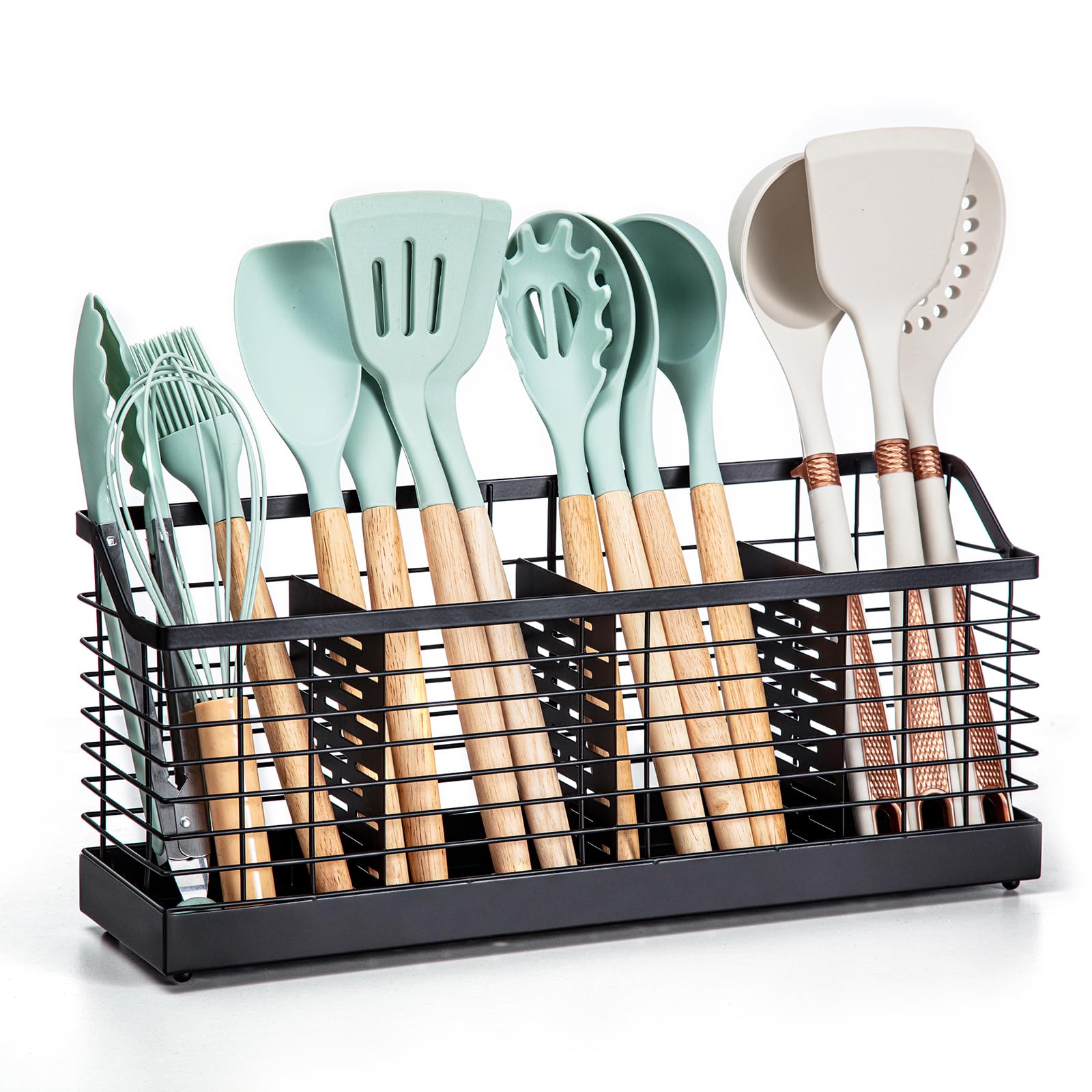 Large Kitchen Utensil Holder with 4 Compartments - Matte Black Metal Countertop Organizer for Cooking Tools | Perfect for Spoons, Spatulas & Kitchen Utensils Storage