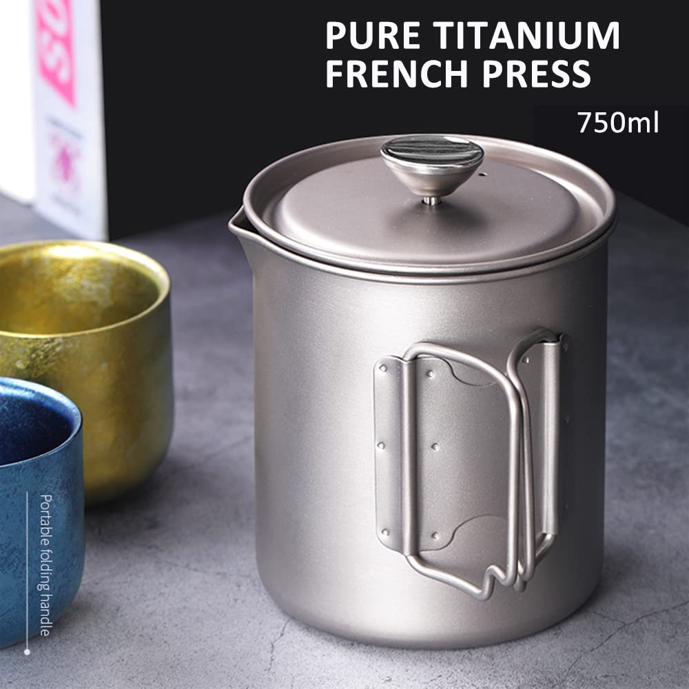 750ml Titanium French Press Coffee Maker with Folding Spoon - Lightweight & Durable Camping Coffee Press for Outdoor Adventures, Kitchen & Travel (Cup+Spoon Set)