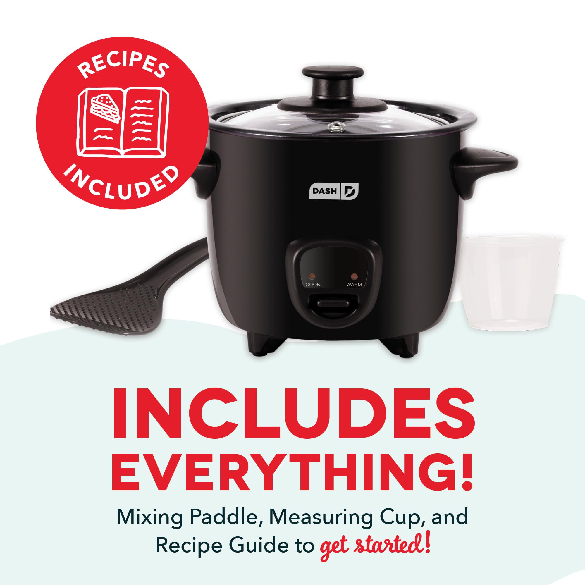 DASH Mini Rice Cooker Steamer - 2-Cup Capacity, Nonstick Removable Pot, Keep Warm Function, Includes Recipe Guide - Perfect for Rice, Oatmeal, Soups & Stews - Compact Kitchen Appliance for Dorms, Offices & Small Spaces (Black)