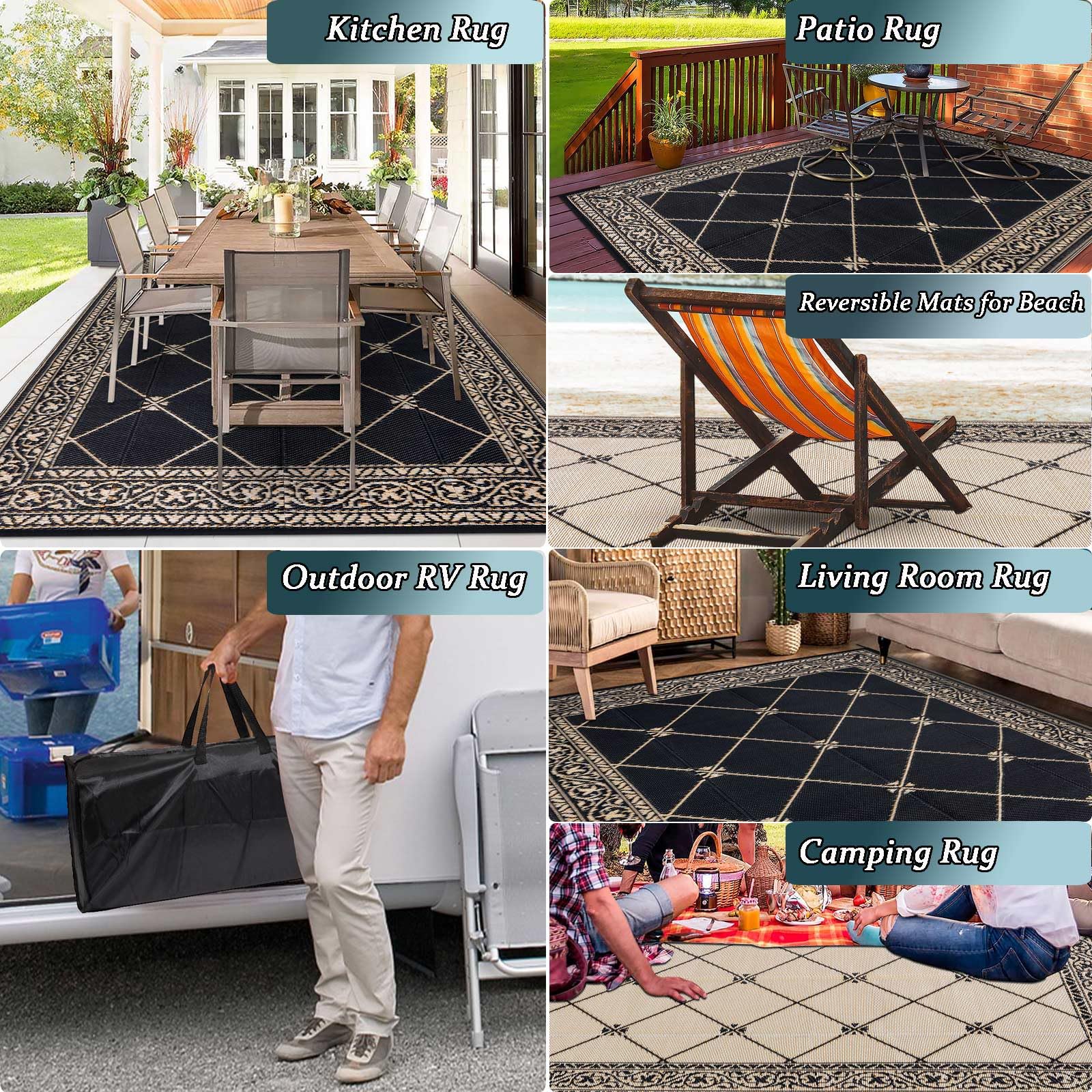 6'x9' Waterproof Reversible Outdoor Rug - HiiARug Plastic Straw Patio Mat for Camping, RV, Deck, Backyard | Durable & Easy to Clean | Perfect for Outdoor Gatherings, Picnics, and Beach Trips
