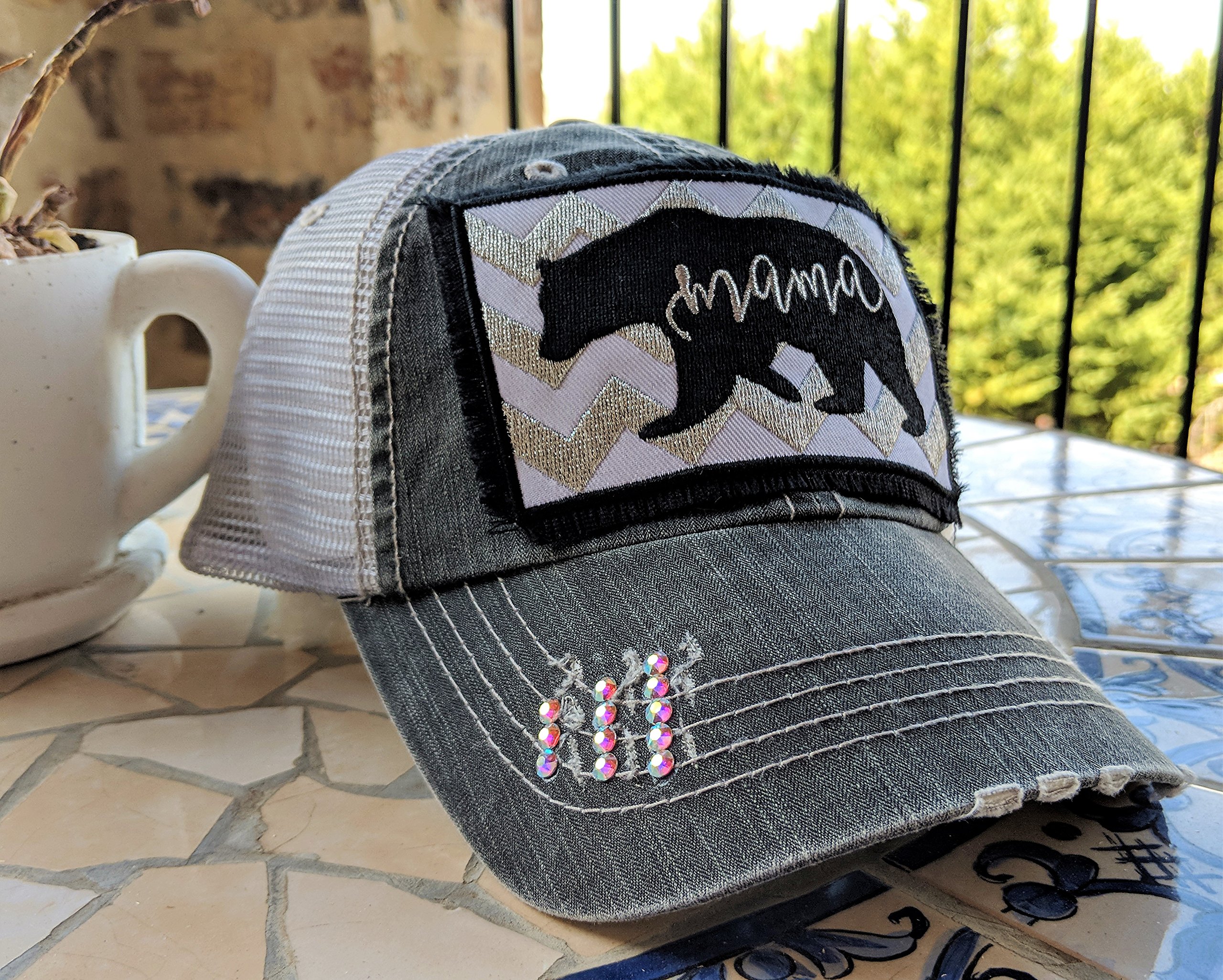Women's Mama Bear Embroidered Patch Baseball Cap - Adjustable Mesh Back Trucker Hat in Dark Grey/Black | Lightweight Mother's Day Birthday Gift with Optional Rhinestone Personalization | Perfect for Outdoor Activities, Casual Wear & Special Occasions