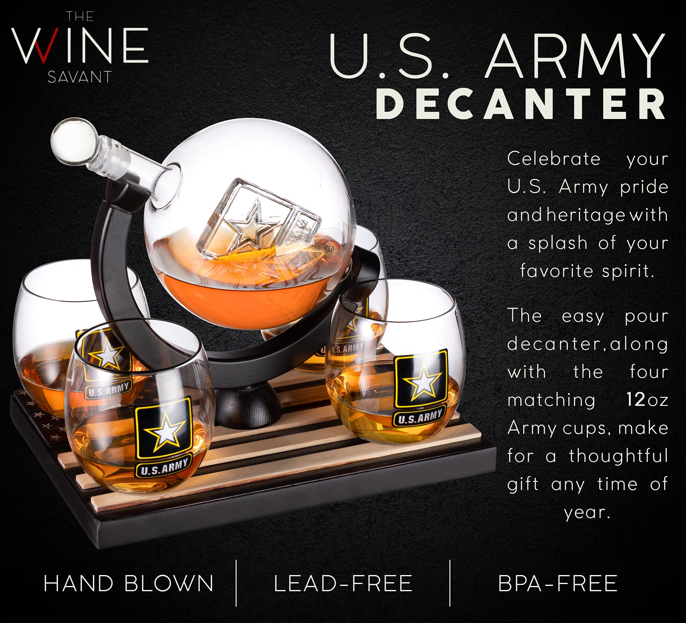 U.S. Army Whiskey Decanter Set with 4 Glasses & 9 Whiskey Stones - Wooden Flag Base Military Gift for Men, Veterans, Fathers - Perfect for Bourbon & Scotch Lovers - Ideal for Father's Day, Retirement, Home Bar Decor & Patriotic Celebrations