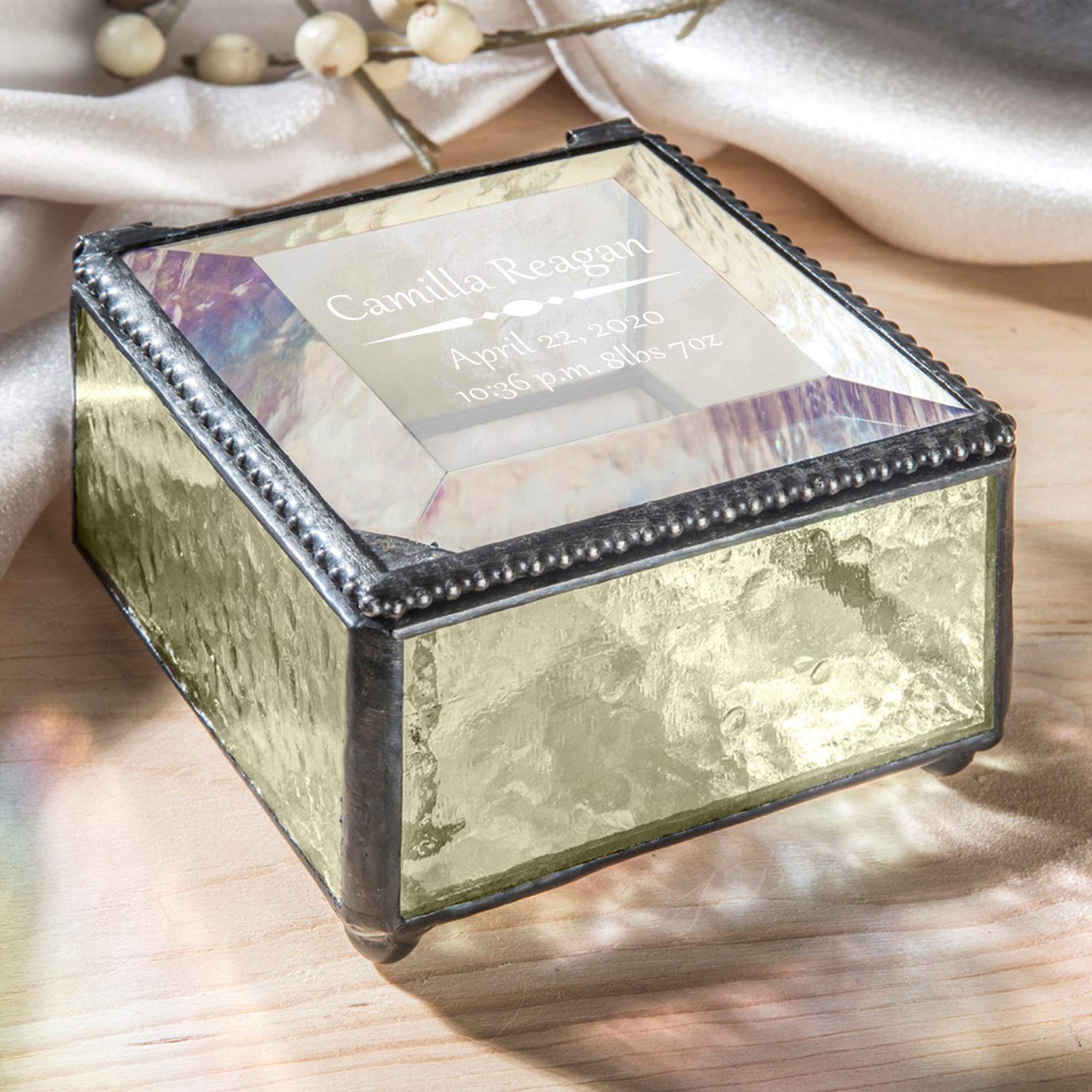 Personalized Baby Keepsake Box - Engraved Glass Jewelry Gift for Newborn Nursery Decor (Yellow)