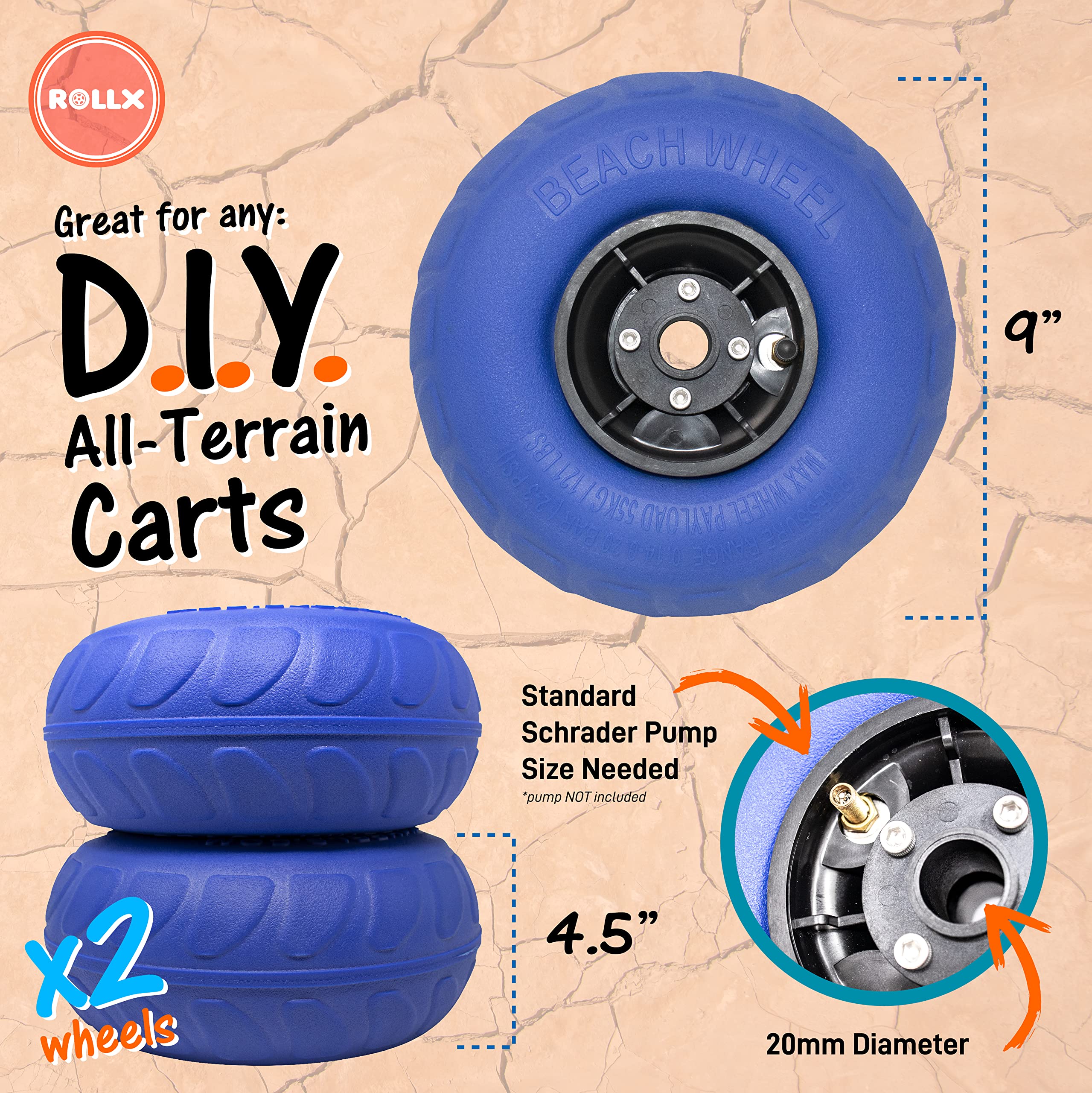RollX 9-Inch Balloon Beach Wheels Set - Heavy Duty Sand Wheels for Beach Carts, Coolers & Wagons - Perfect for Sandy Terrain, Shoreline & Outdoor Adventures