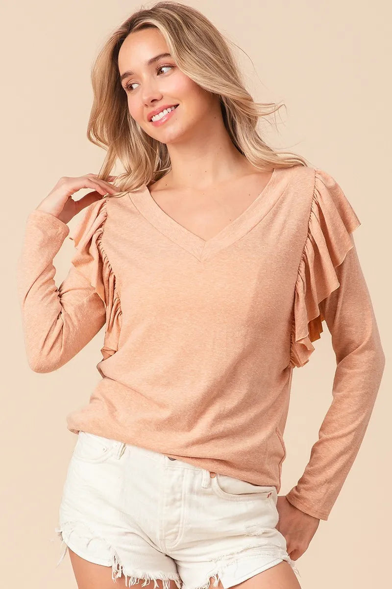 BiBi Triblend V Neck Women's T-Shirt with Shoulder Shirring Detail - Comfortable Casual Top for Everyday Wear, Work & Weekend Outfits