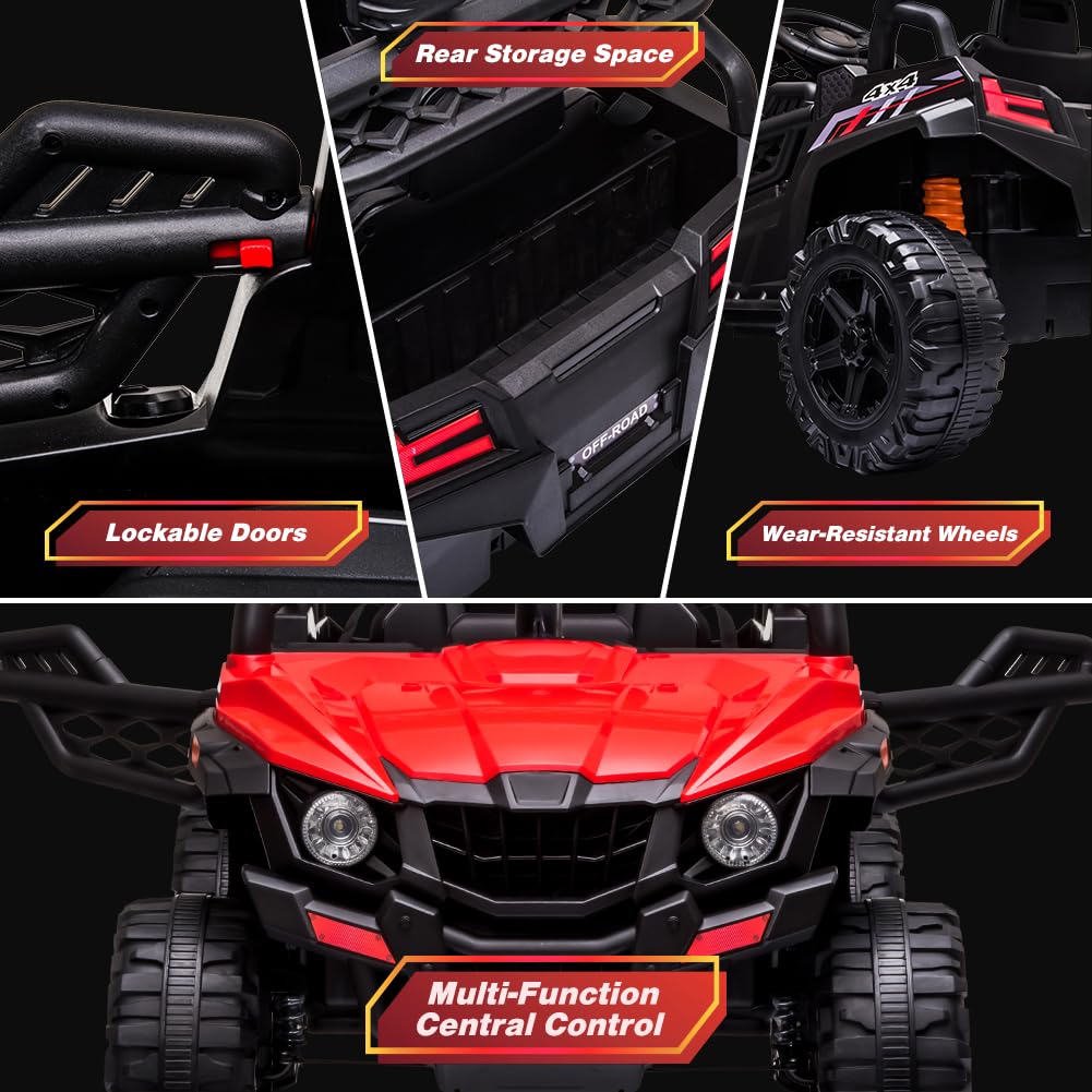 12V Kids Ride On UTV with Remote Control - Electric Toy Car with Spring Suspension, LED Lights, FM Radio, AUX Port & USB Charger | Outdoor Play, Birthday Gifts for Boys & Girls (Red)