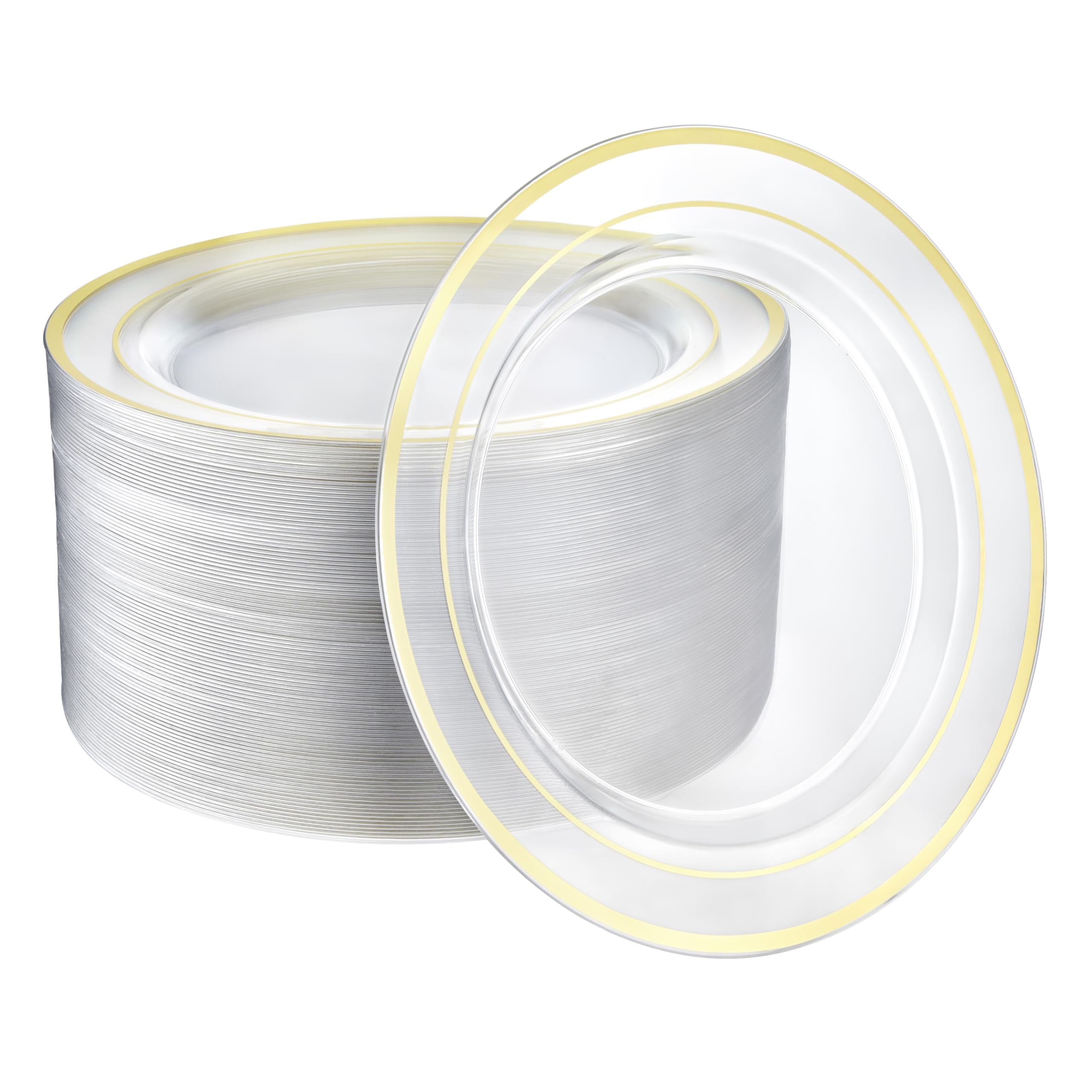 R-kay 100 Pack 10 Inch Clear Gold Plastic Plates - Heavy Duty Disposable Plates for Weddings, Parties, Events & Catering - Elegant & Durable Dinnerware for Special Occasions