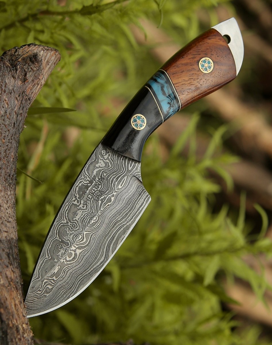 Premium Damascus Steel Skinning Knife with Exotic Rosewood & Resin Handle - Hunting, Outdoor Survival, and Bushcraft Essential Tool
