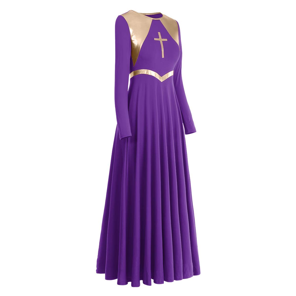 Metallic Cross Praise Dance Dresses for Women - Liturgical Worship Long Sleeve Loose Fit Maxi Dress - Perfect for Church Performances, Gospel Choir & Spiritual Dance Events
