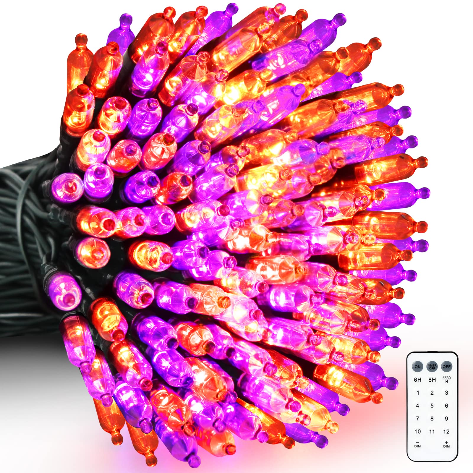 100 LED Halloween String Lights 33ft - Battery & USB Powered Waterproof Outdoor/Indoor Decor with Timer & Memory Function - Purple & Orange for Garden, Party, Yard, Porch, Christmas, Wedding Decorations