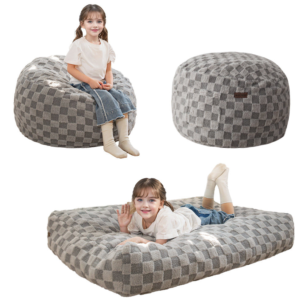 MAXYOYO Kids Bean Bag Chair Convertible to Bed - Soft Jacquard Shaggy Plush Removable Cover, Grey Plaid Design for Boys & Girls - Perfect for Playroom, Bedroom, Dorm or Lounge Area