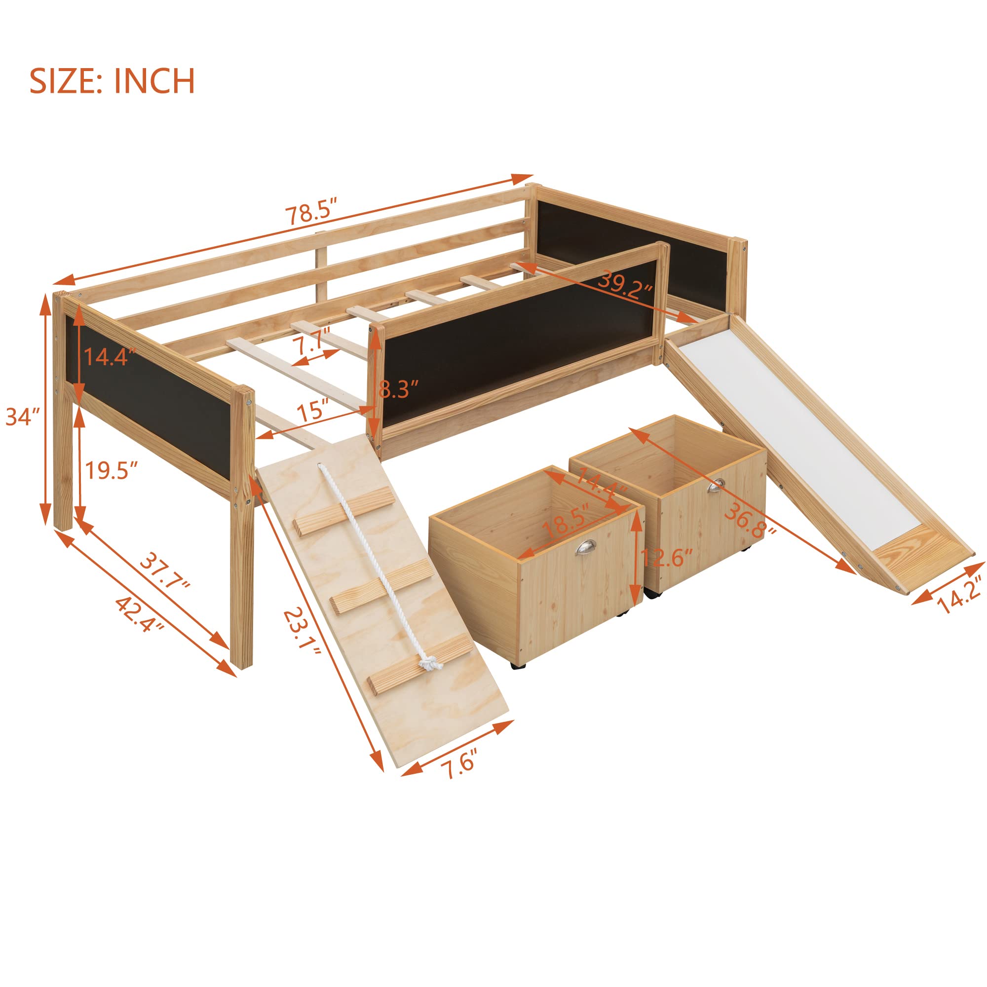 **Modern Twin Loft Bed for Kids with Slide, Storage Boxes, Climbing Ladder & Chalkboard - Multifunctional Low Loft Bed Frame for Boys & Girls - Perfect for Small Bedrooms, Playrooms & Kids' Spaces**