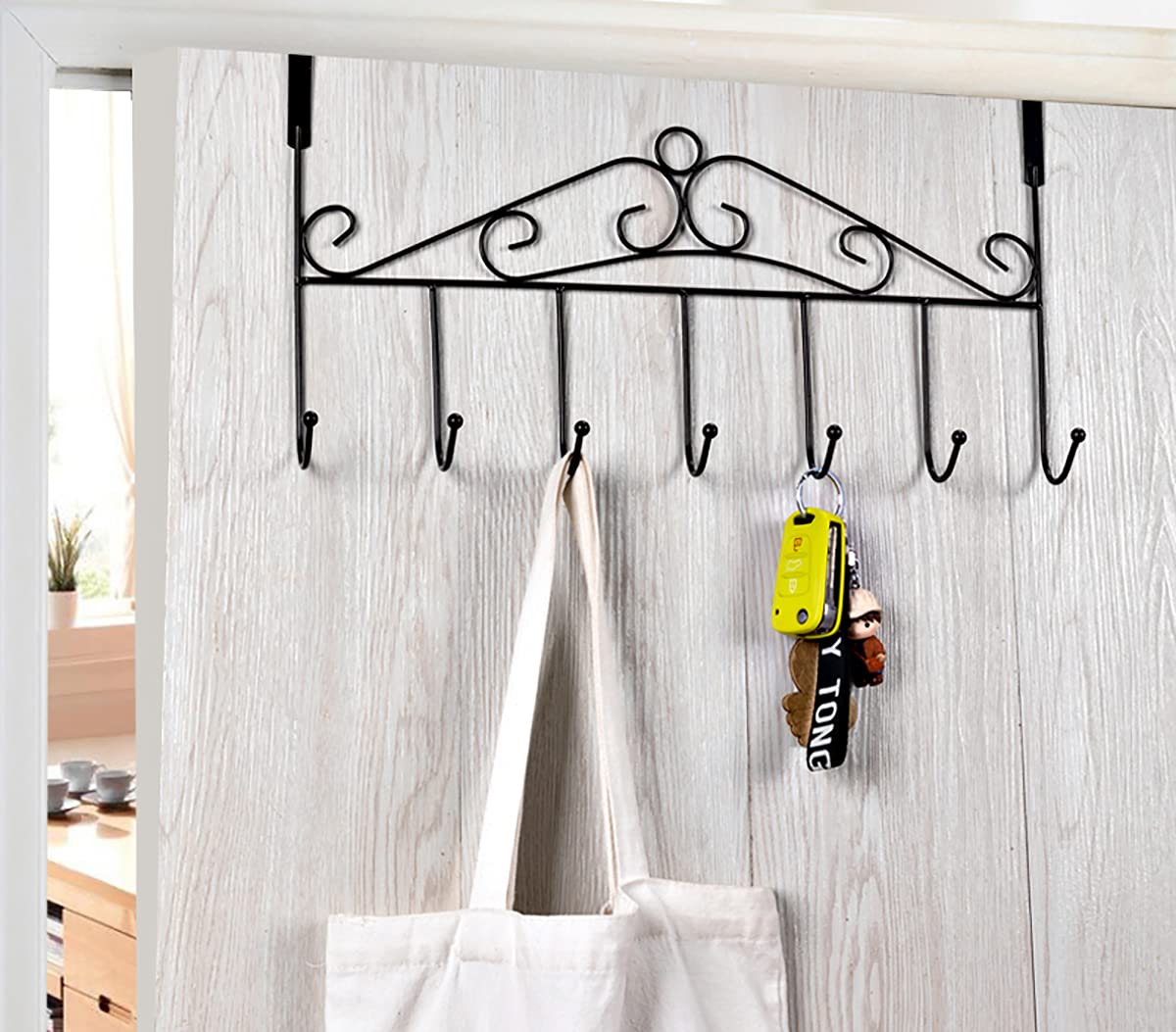 Eywlwaar Metal Over Door Hook Rack - 7 Hooks Decorative Hanger for Towels, Hats, Coats, Bags & Scarves - Space Saving Solution for Bathroom, Bedroom, Kitchen & Closet Organization
