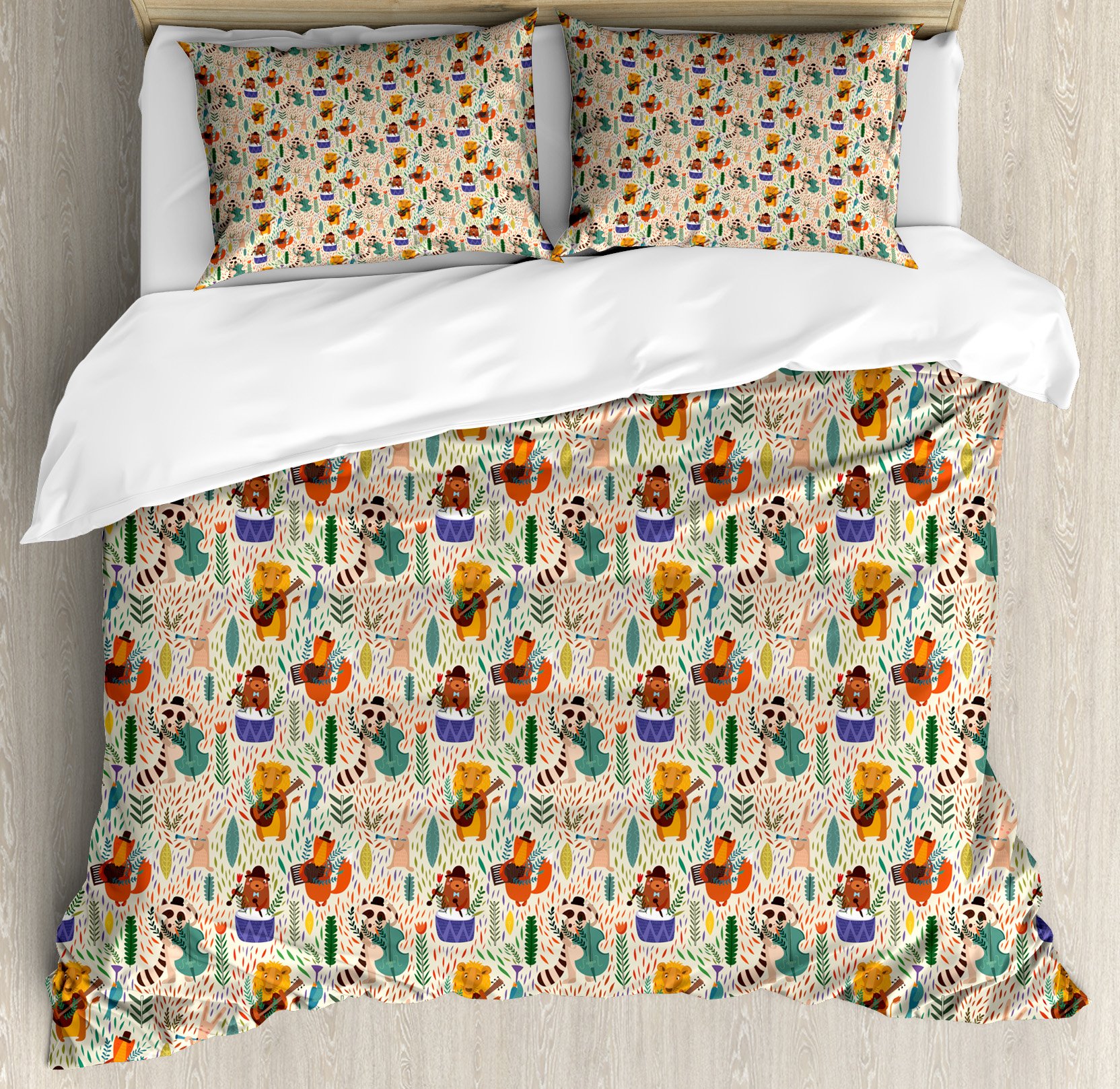 Ambesonne Africa Jungle Band Duvet Cover Set - 3 Piece Queen Size Bedding with 2 Pillow Shams, Animal Print Featuring Lion, Bear & Hare Playing Instruments on Leaf Backdrop - Vibrant Multicolor for Safari & Wildlife Themed Bedroom Decor