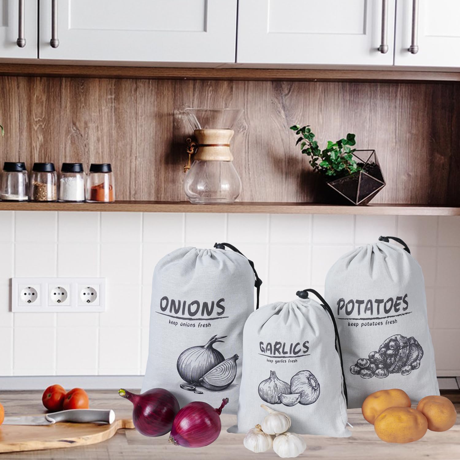Reusable Potato Onion Garlic Storage Bags with Drawstring Closure - 3 Pack for Pantry & Kitchen Organization | Fresh Vegetable Keepers for Home, Restaurant & Grocery Store Use