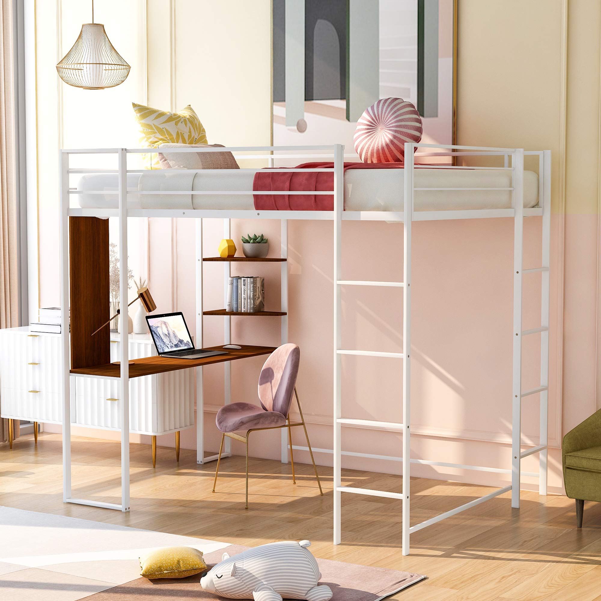 KLMM Full Size Metal Loft Bed with 2 Ladder & Built-in Desk - Space Saving Bed Frame with Storage Shelf & Full-Length Guardrail - No Box Spring Needed (White) - Perfect for Small Bedrooms, Dorms & Studio Apartments