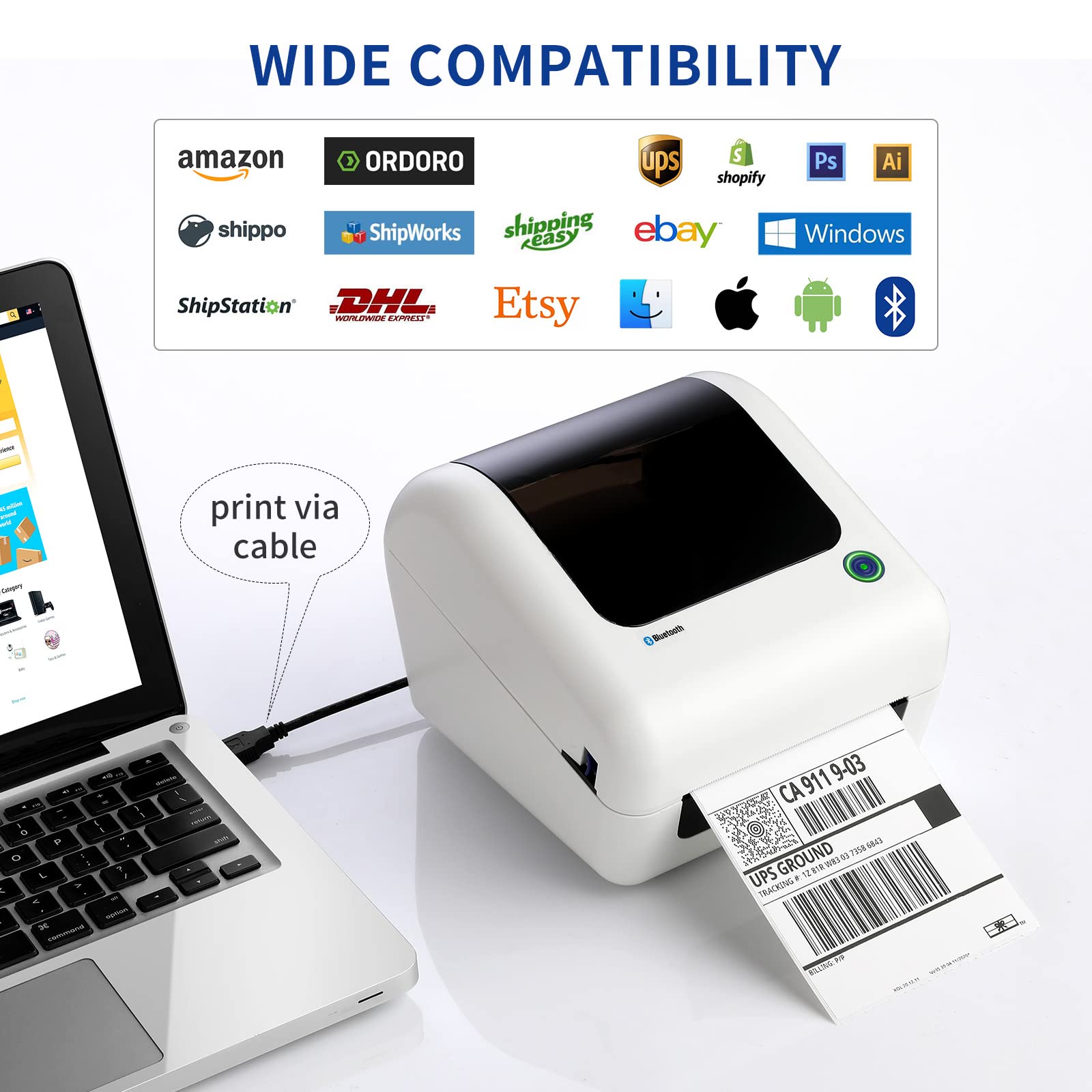 JADENS Bluetooth Thermal Shipping Label Printer - High Speed 4x6 Wireless Label Maker for Ecommerce, Compatible with Amazon, eBay, Shopify, Etsy, USPS | Works with PC, Mac, Phone via USB & Bluetooth | Perfect for Home Office, Small Business Shipping & Mailing Labels