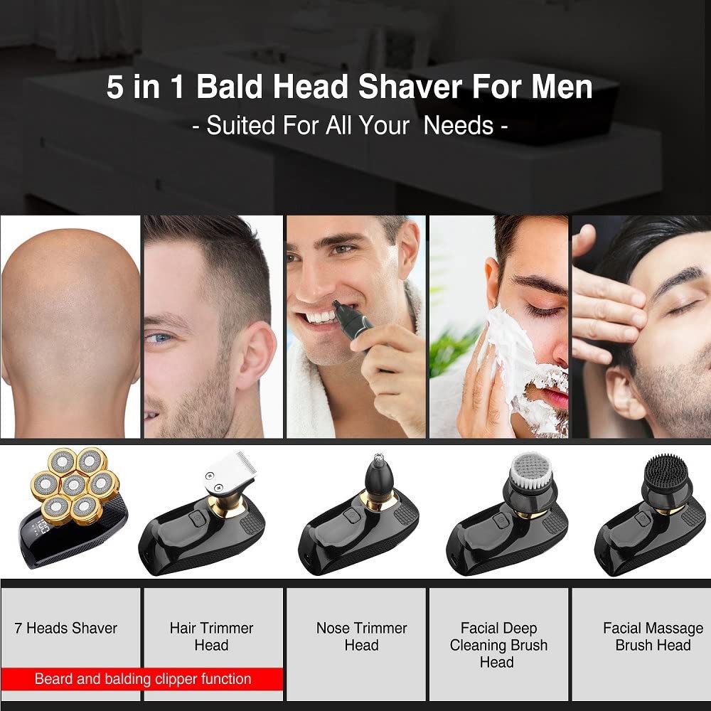 7D Floating Head Electric Razor for Bald Men - Waterproof 5-in-1 Multifunction Trimmer with 7 Independent Cutters (Iron-m01) | Perfect for Travel, Gym & Daily Shaving