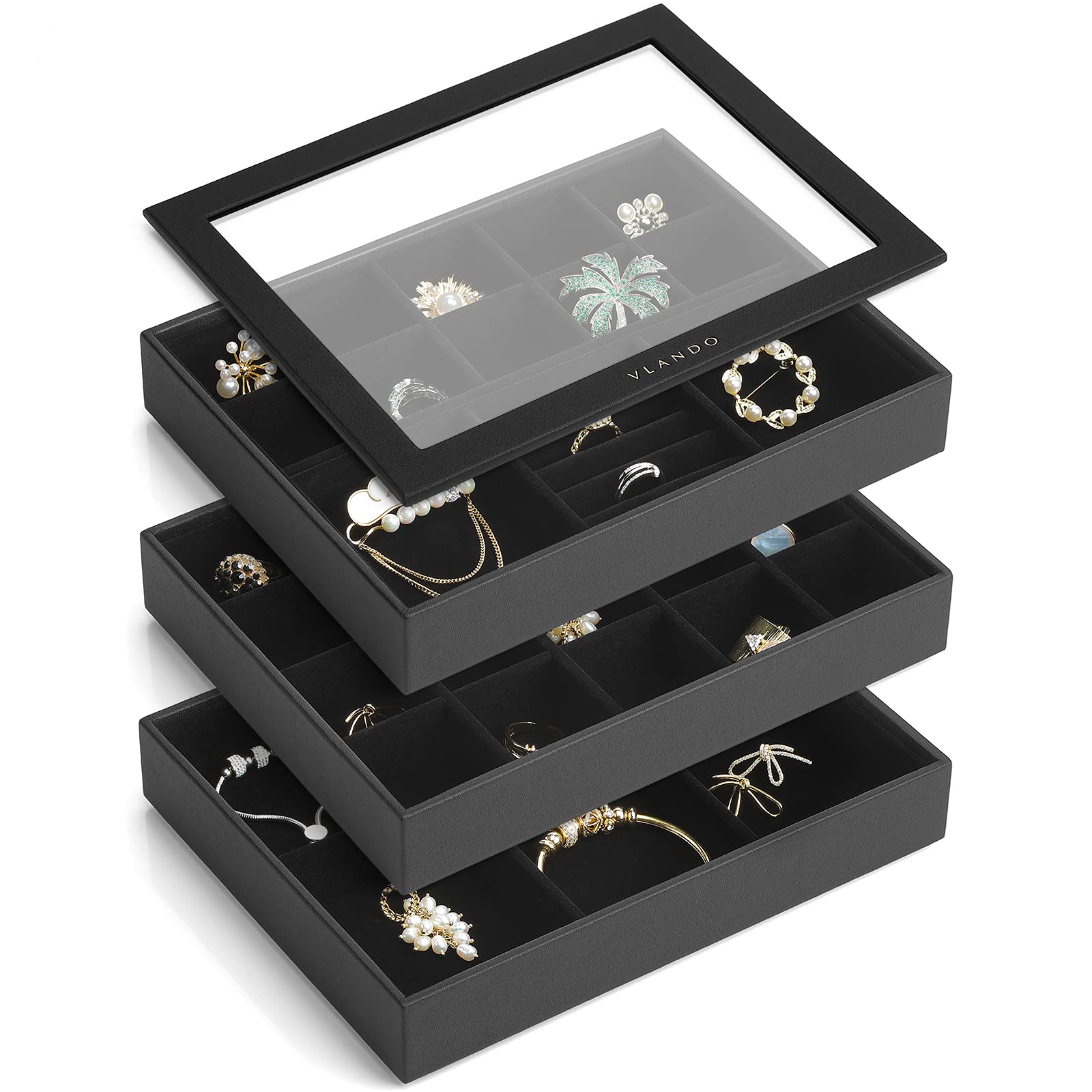 Vlando Medium Stackable Jewelry Organizer Tray - 4-in-1 High Capacity Drawer Storage Box for Earrings, Rings, Necklaces & Bracelets | Perfect for Dresser, Vanity & Travel Organization (Black)