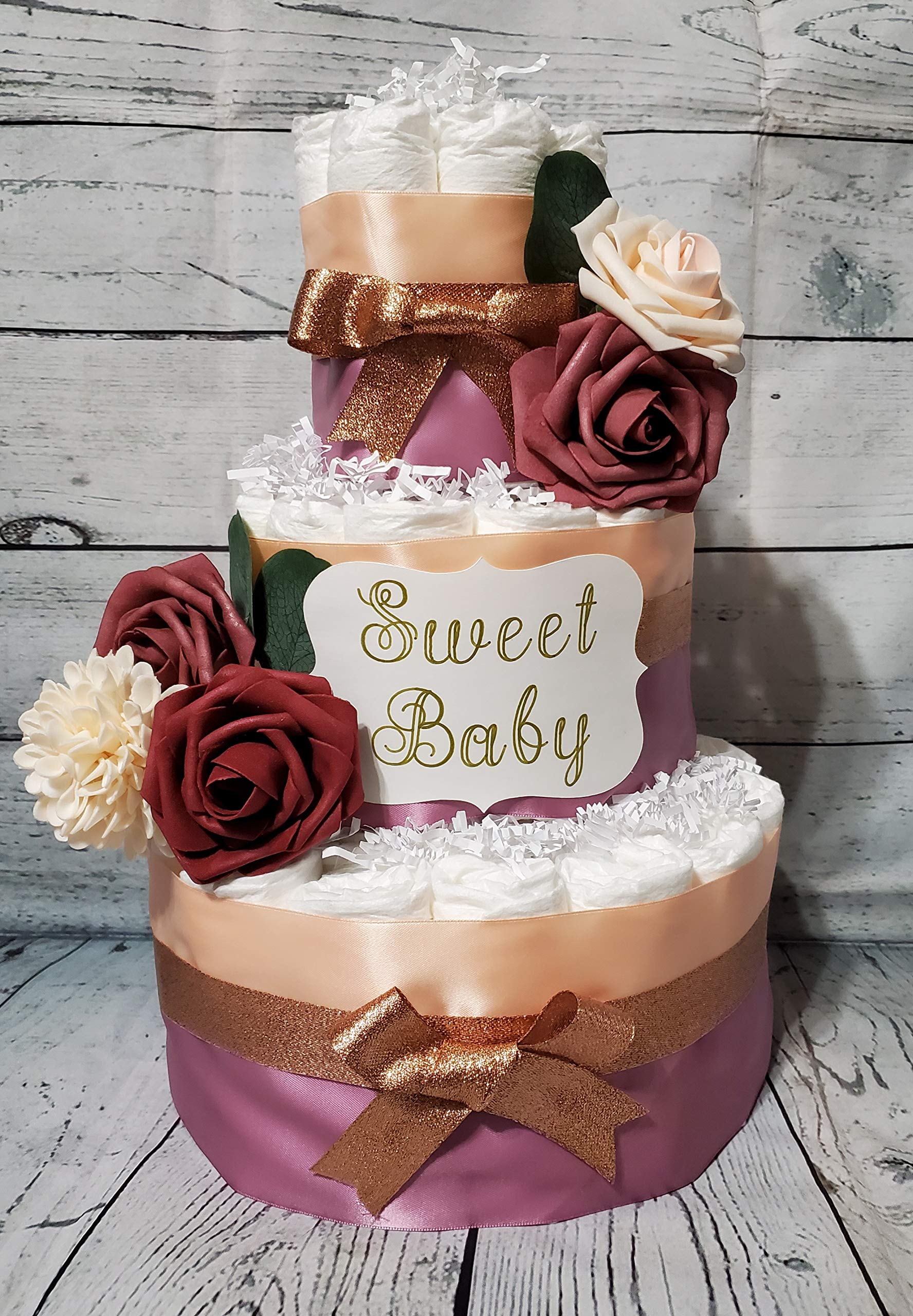 3-Tier Dusty Rose & Rose Gold Diaper Cake with Silk Roses and Dahlias - Perfect Baby Shower Gift for Gender Reveal, Nursery Decor & New Mom Celebration