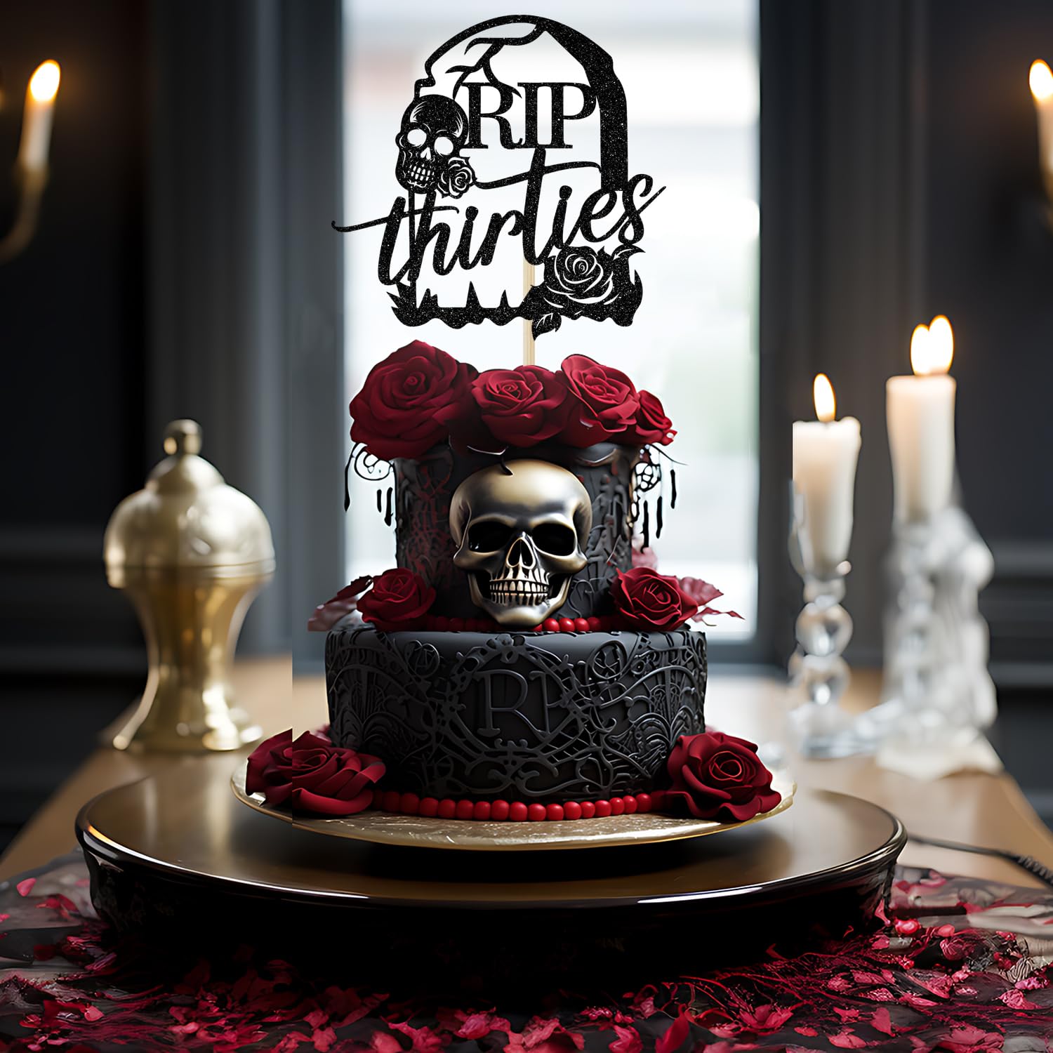 RIP 30s Cake Topper - Death to My Thirties Black Glitter Cake Decor - Funeral Theme 35th & 40th Birthday Party Supplies - Perfect for Dark Humor Celebrations & Milestone Birthday Decorations