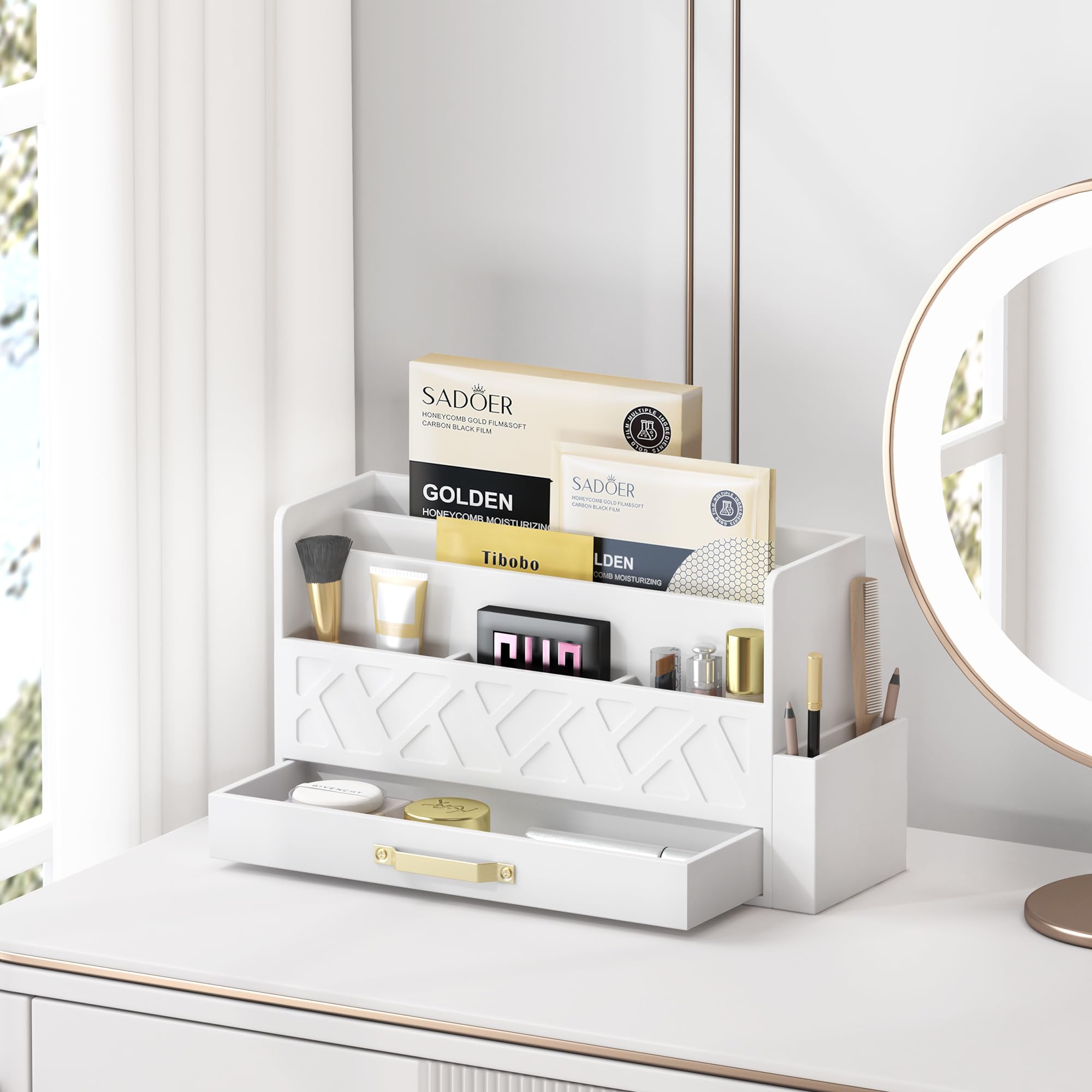 Wooden Desk Organizer with Drawer - Office Supplies File Sorter & Mail Organizer - Stylish White Desktop Accessories for Women - Perfect for Home Office, Workspace & Study Organization