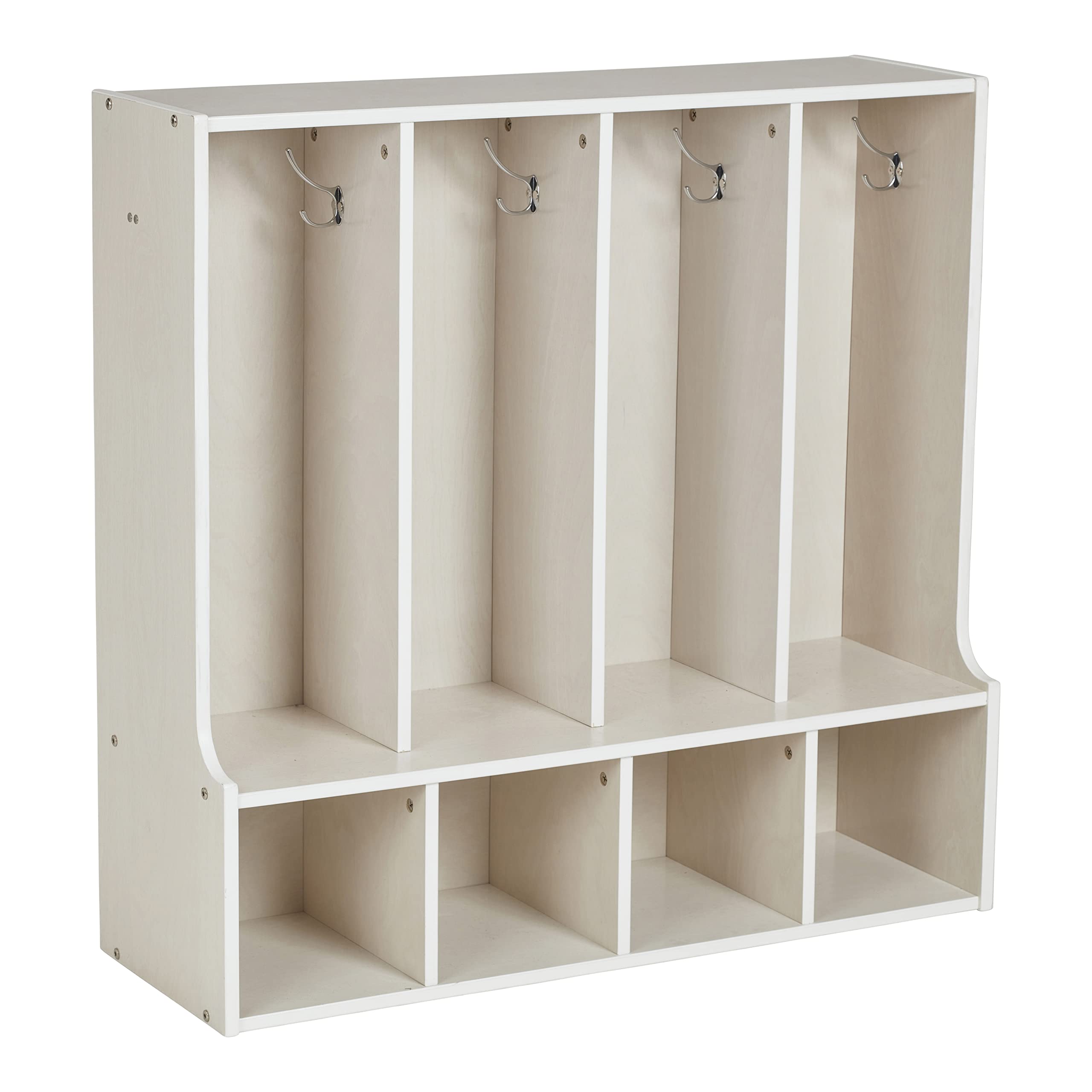 ECR4Kids White Wash 4-Section Toddler Coat Locker with Bench - Kids Furniture for Daycare, Preschool & Home Organization